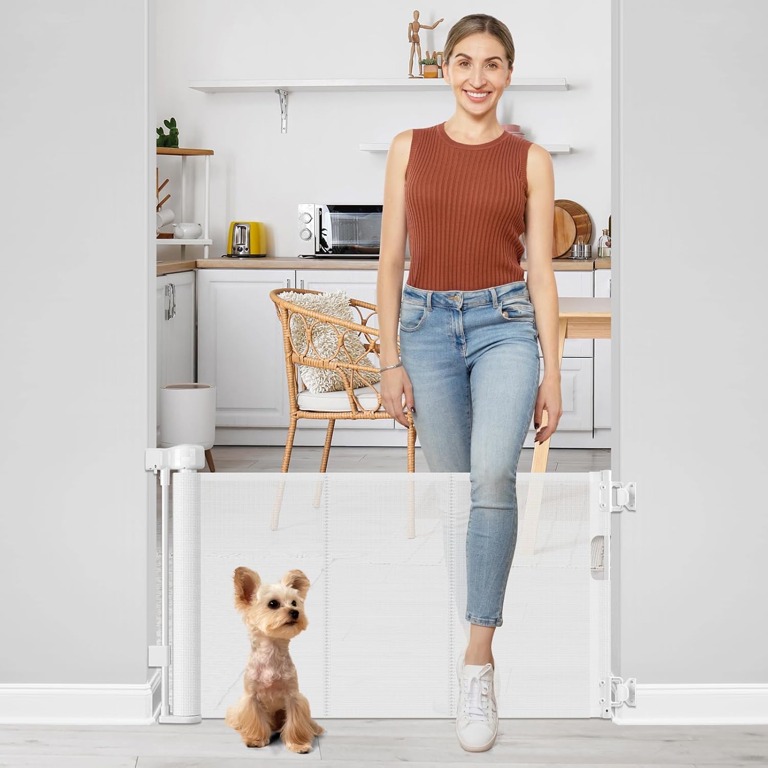 Short Dog Gate 0"-39" Wide Narrow Baby Gate 24” Tall Retractable Baby Gate to Step Over Short Gate for Stairs Low Pet Gate Indoor Mesh Doggie Gates Puppy Gate for Doorway, White White 24" Tall x 39" Wide