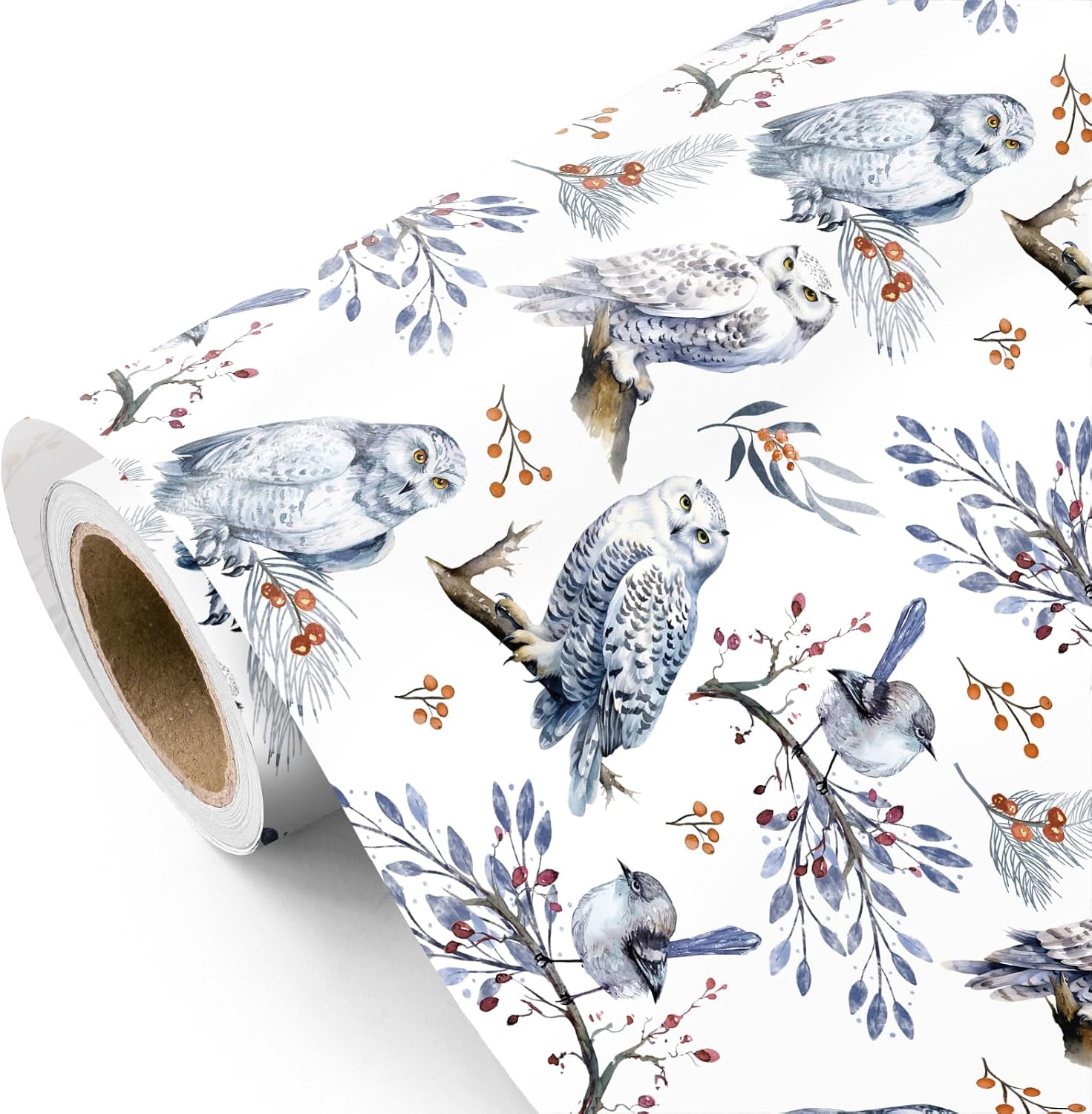 WRAPAHOLIC Owl Christmas Wrapping Paper - Mini Roll - 17 Inch x 16.5 Feet - Winterfall Wild Animal Bird and Owl Wrapping Paper for Christmas, Holiday, Party Celebration