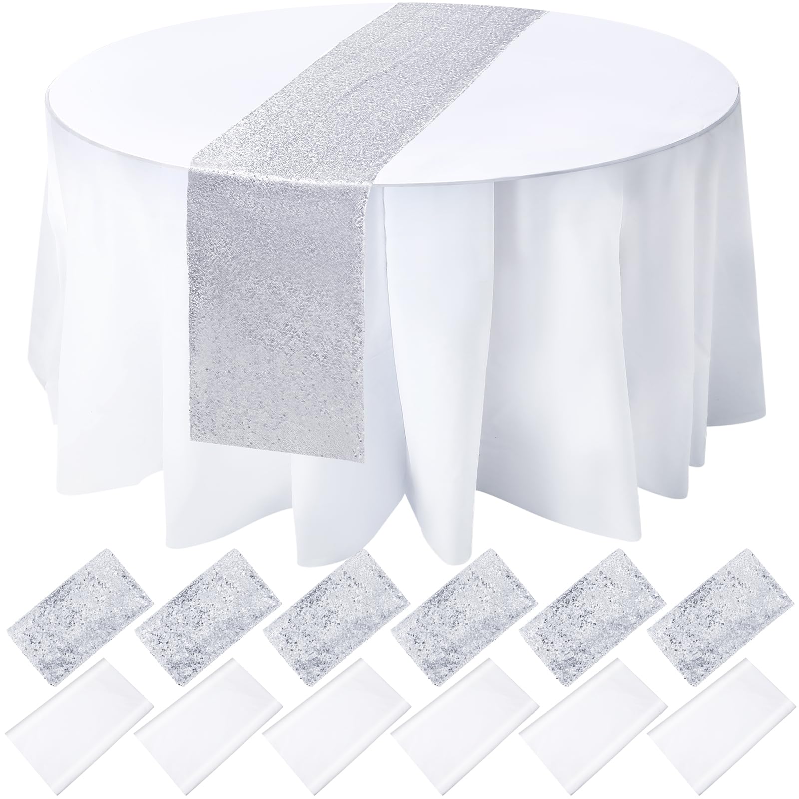 Newwiee 6 Pcs Round Plastic Tablecloth 84 Inch and 6 Pcs Glitter Sequin Table Runner 12 x 108 Inch Disposable Circular Tablecloth Round Table Cloths for Parties Wedding (Silver, White)