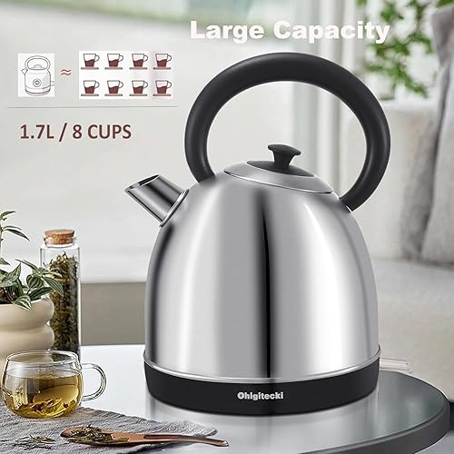 Miniatura 8 de Hervidor eléctrico de 1.7L, bonita caldera de agua con termómetro y apagado automático, hervidor de ebullición rápida de 1200 W para oficina en