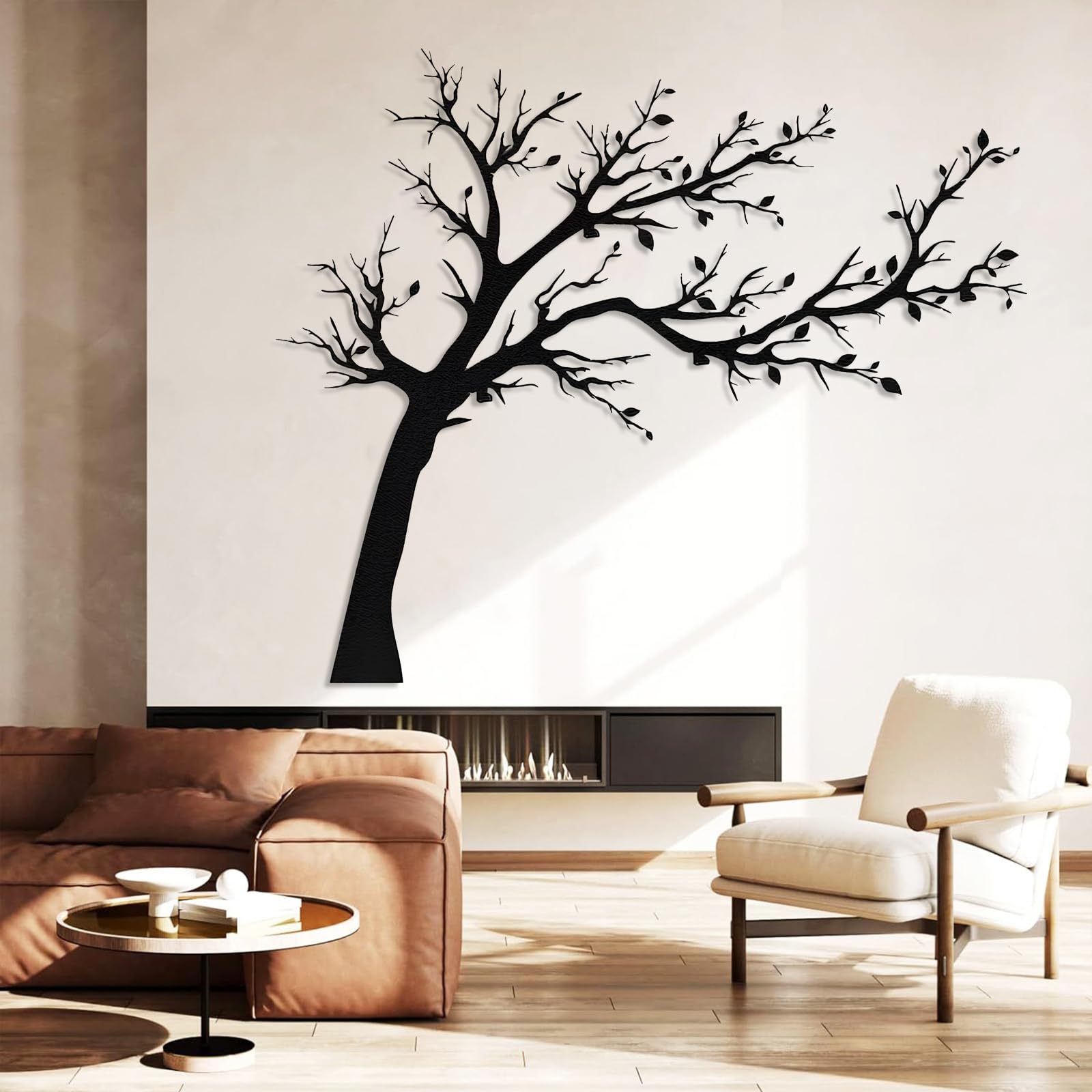 Decoración de pared abstracta contemporánea de metal con forma de árbol, adorno de árbol de ramas grandes de la vida, silueta, decoración familiar, hogar de sala de estar (plateado, 40x47 cm)