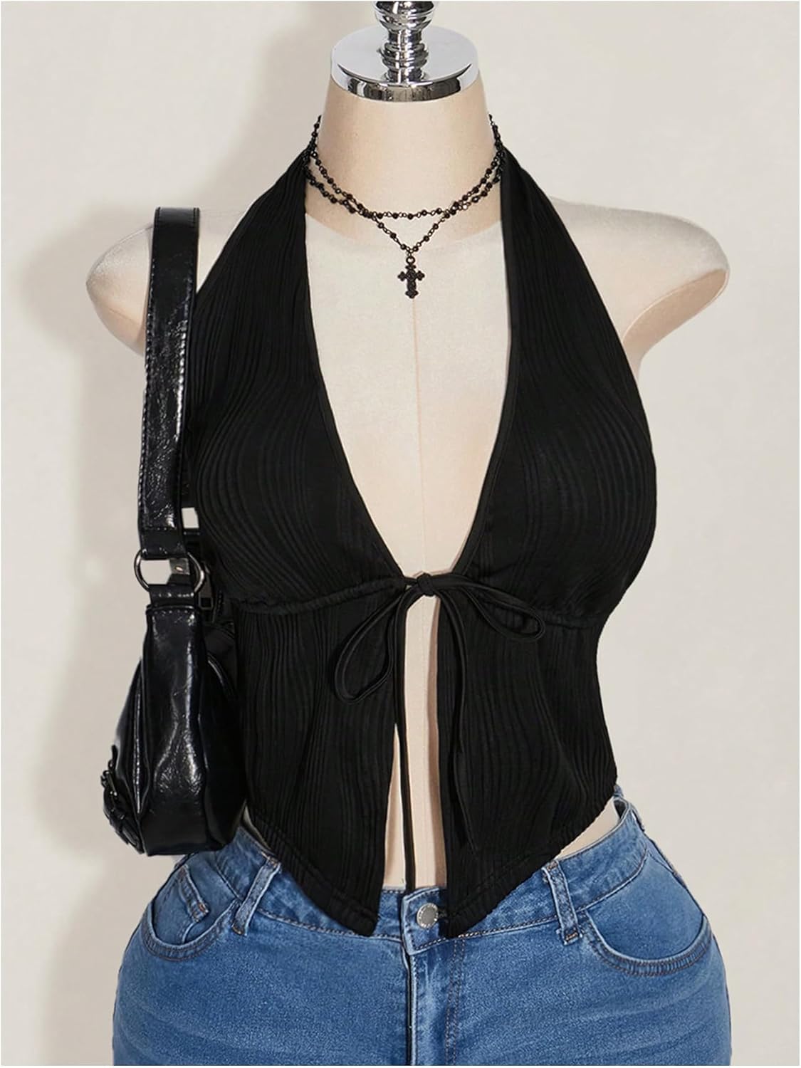 WDIRARA Women's Plus Size Deep V Neck Sleeveless Halter Top Y2k Tie Front Backless Tank Tops - Image 5