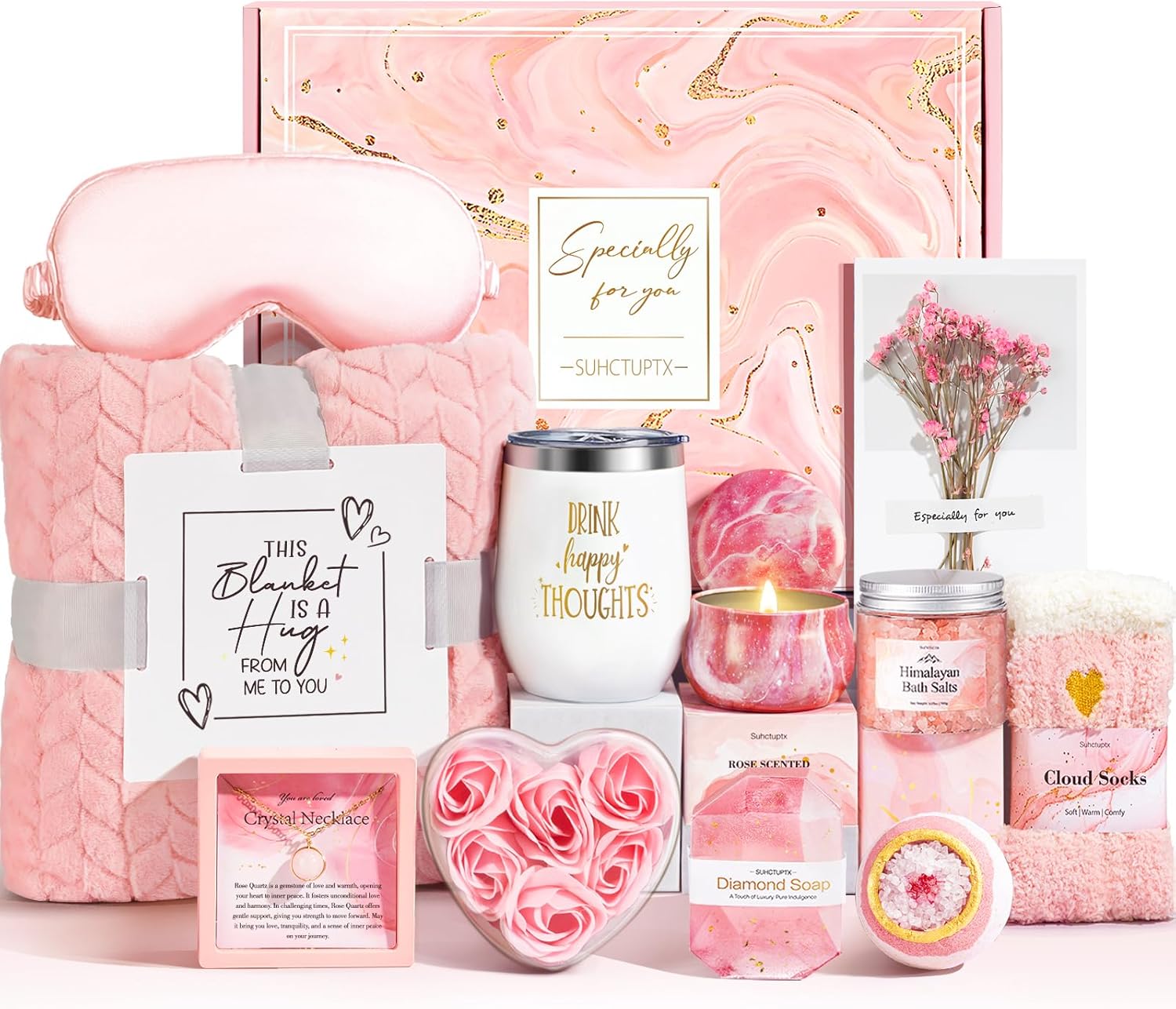 Birthday Gifts for Women, Self Care Gifts Christmas Box Get Well Soon Basket, Rose Relaxing Spa Gifts Care Package w/ Flannel Blanket, Unique Mothers Day Gift Idea for Mom Her Friend Sister (Pink)