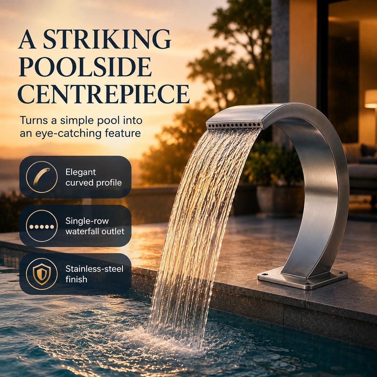Lame d’Eau Cascade Piscine – Fontaine Cascade Acier Inoxydable 304 – Nappe d’Eau Monofil – Choix 1.5″– Compatible LED DIY, Pompe Externe Non Incluse, Connecteur Gratuit
