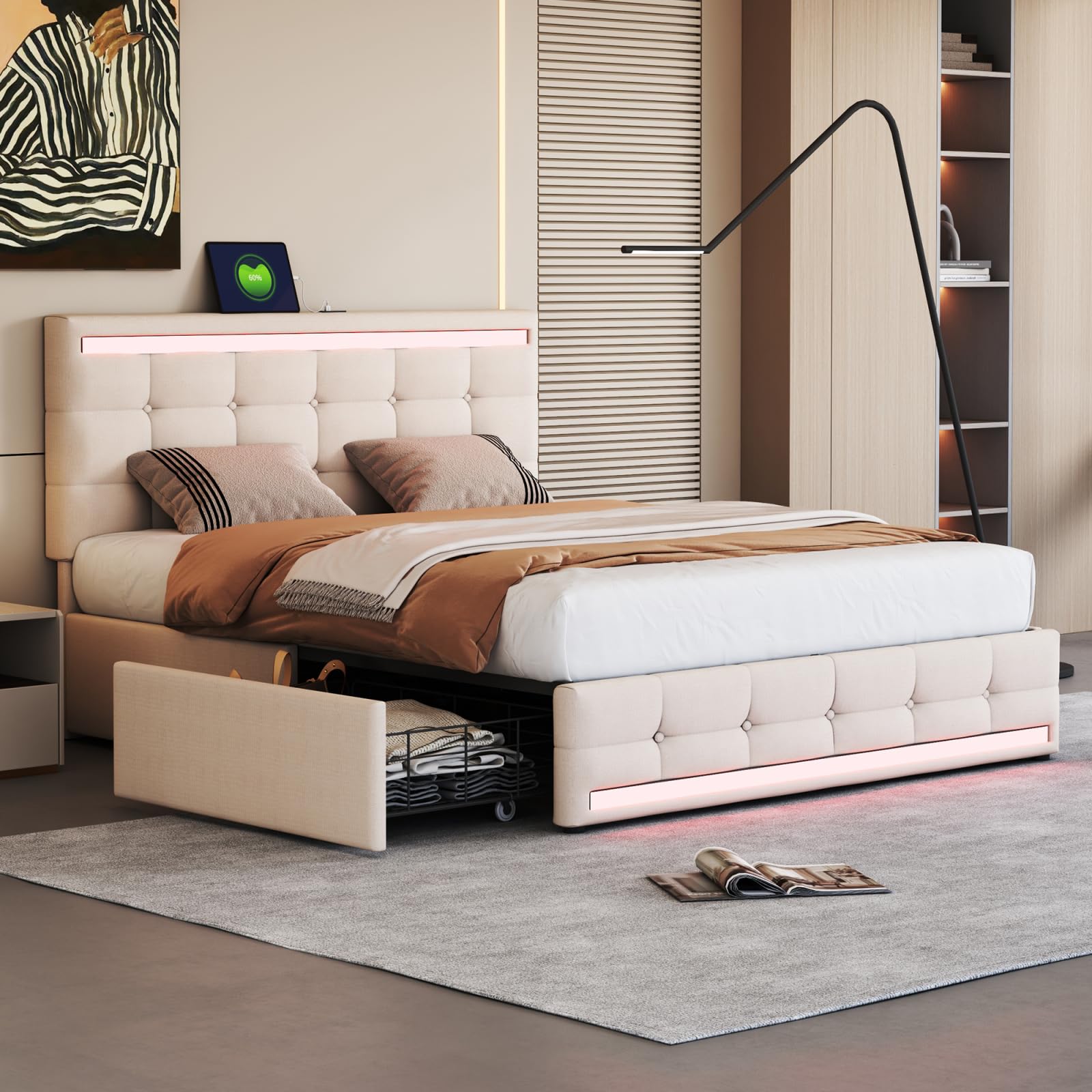OOIILLEE - Lit Double 140x200 Cm Avec Tête De Lit Rangement Et LED - Cadre Flottant, Sommier Inclus - Tissu Lin Beige - Adulte/ado