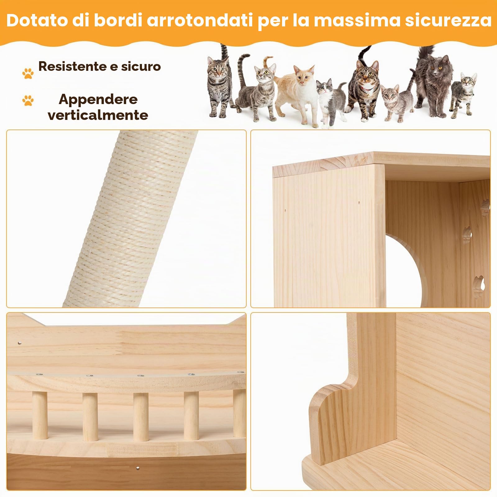 Parete per arrampicata gatto, set 5 scaffali legno stabili