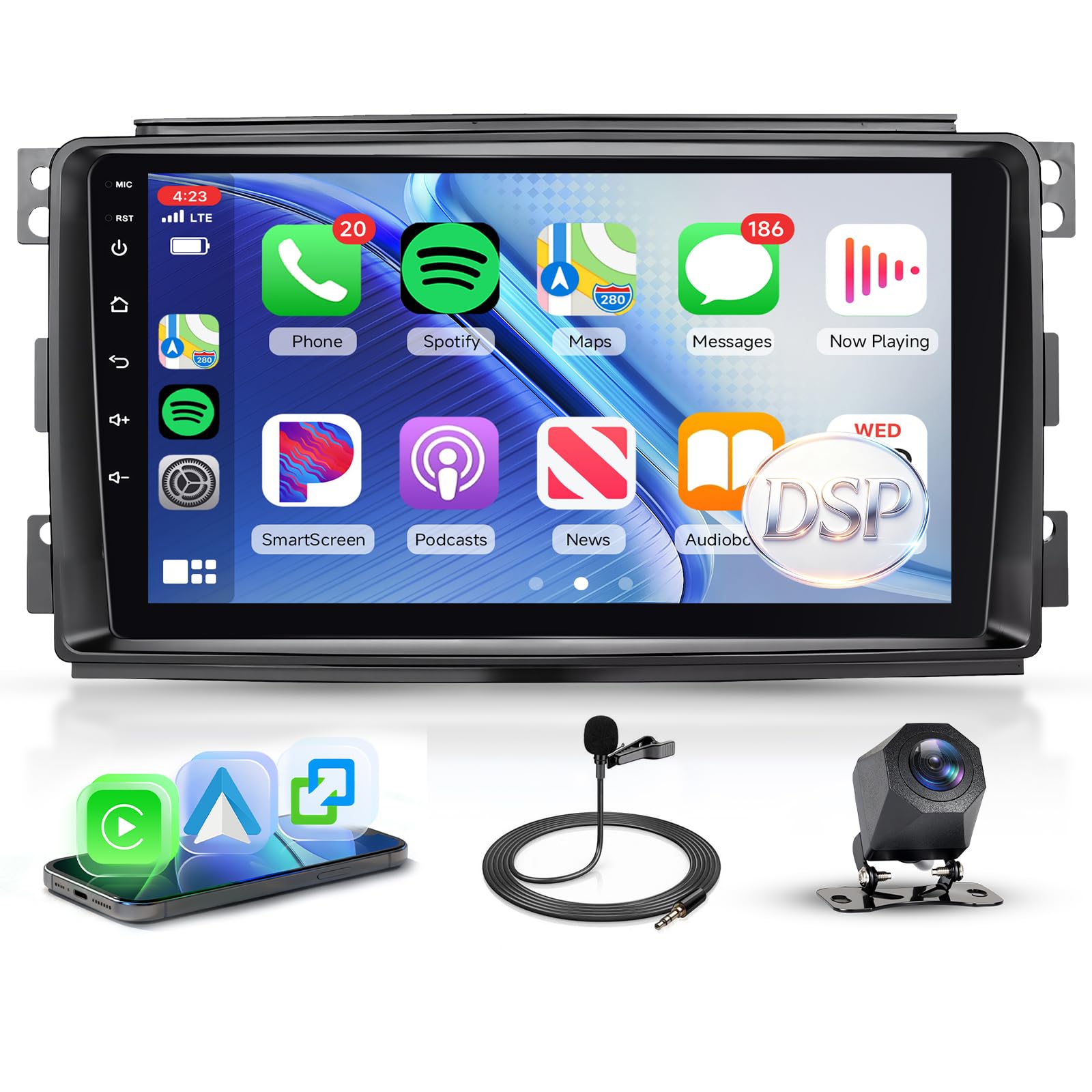 Rimoody Radio Coche para Mercedes Benz Smart Fortwo 451 2005-2010 Carplay Inalámbrico, 9 Pulgadas Touchscreen, Android Auto, Mirror Link, Bluetooth, FM/RDS, DSP, Controles al Volante Cámara Trasera