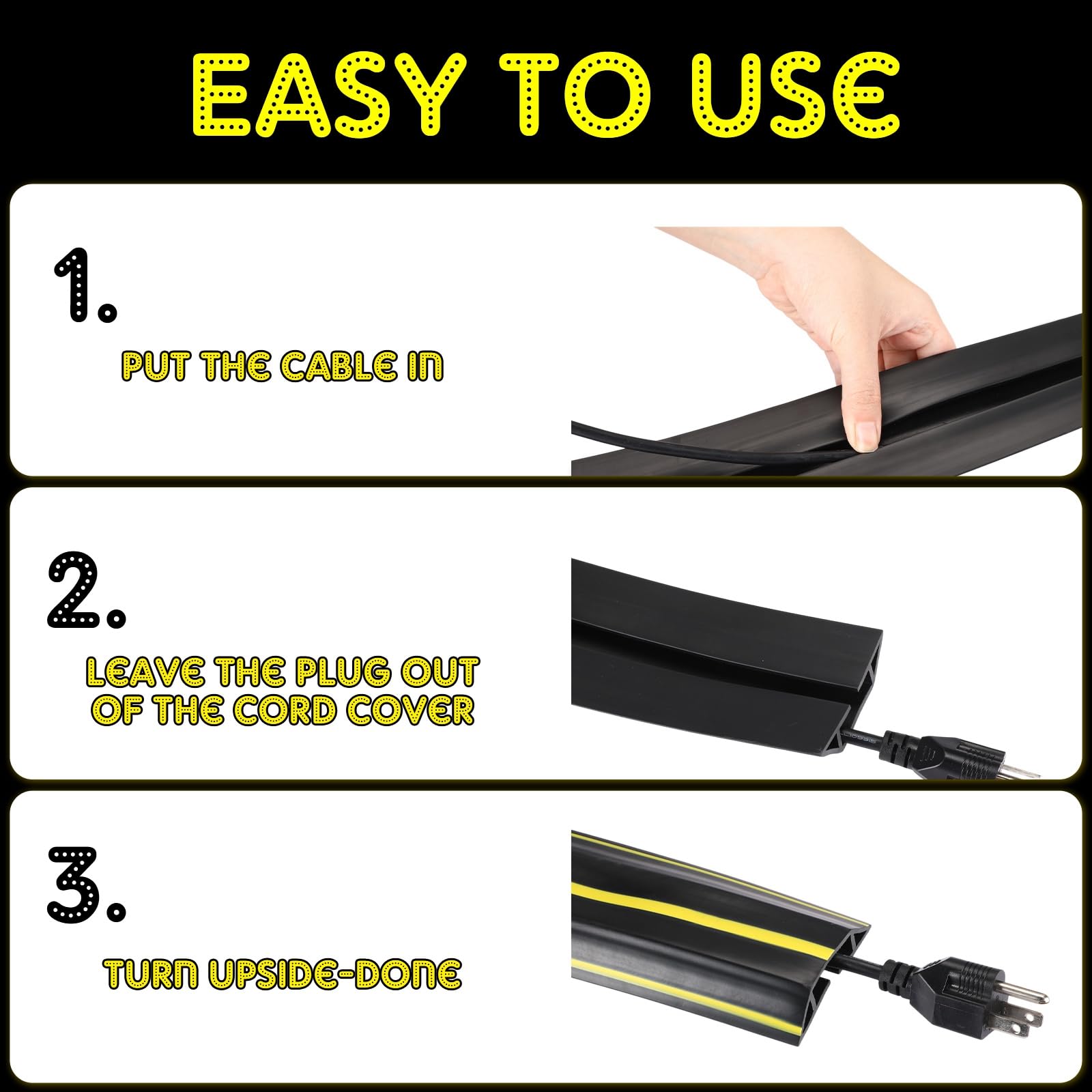 Pangda Cubierta de cable de suelo de 10 pies, protector de cable de alimentación, extensión suave, organiza y protege el cable en el suelo para la oficina en casa o entornos al aire libre (negro
