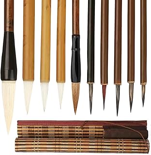 Midyrrg 10 Pcs Chinese Calligraphy Kanji Brush Set Mixed Wolf Hair Traditional Calligraphy Pens Art Painting Chinese/Japanese Sumi Writing Brush for Watercolor Drawing for Beginners(Roll Bag)