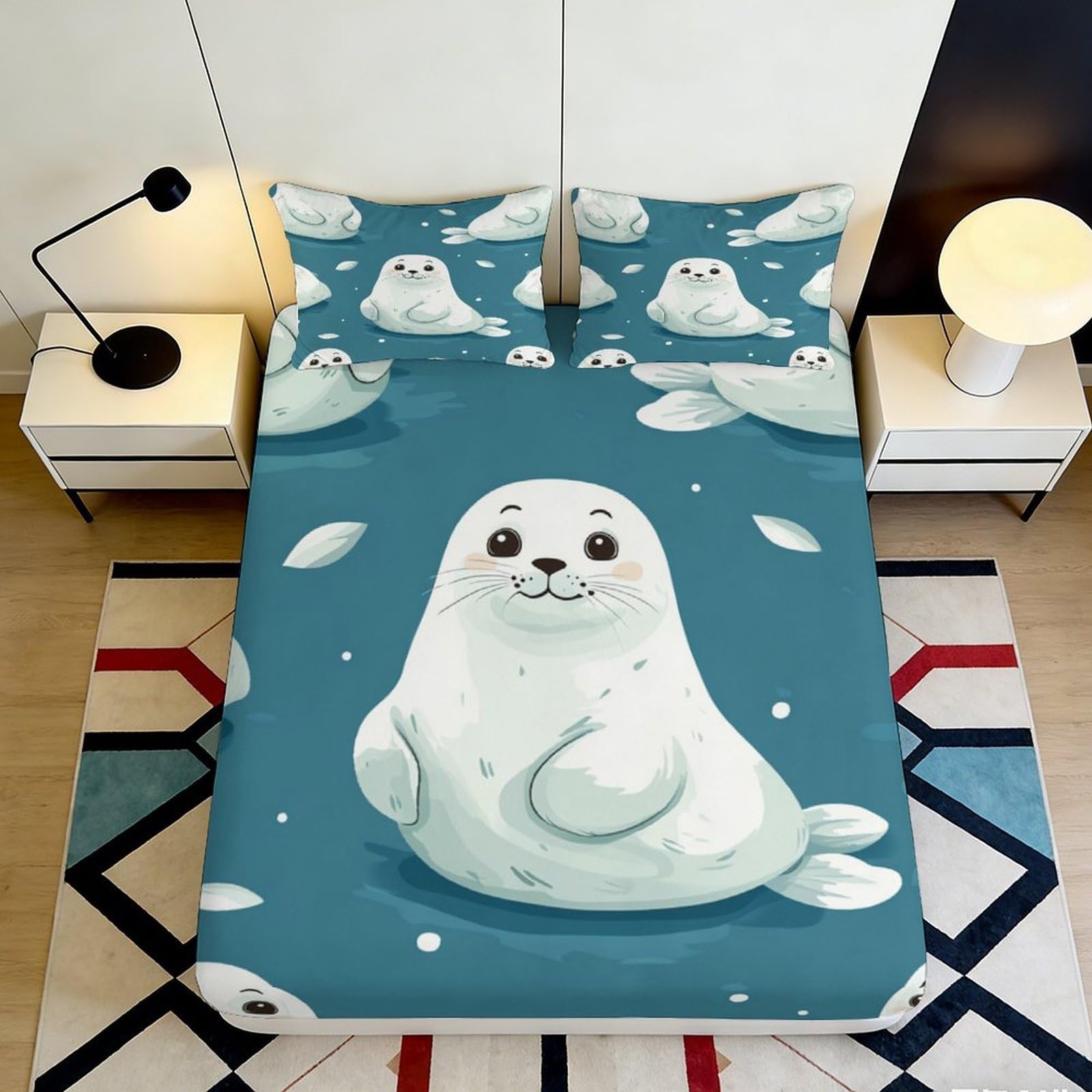 Jqzkxnhpbr Style-1 3D Printed Cute Seal Fitted Sheet Microfiber Blue Cartoon Mattress Cover Bedroom Decor Anti-Slip Machine Washable For Home Guestroom 90X200x25cm