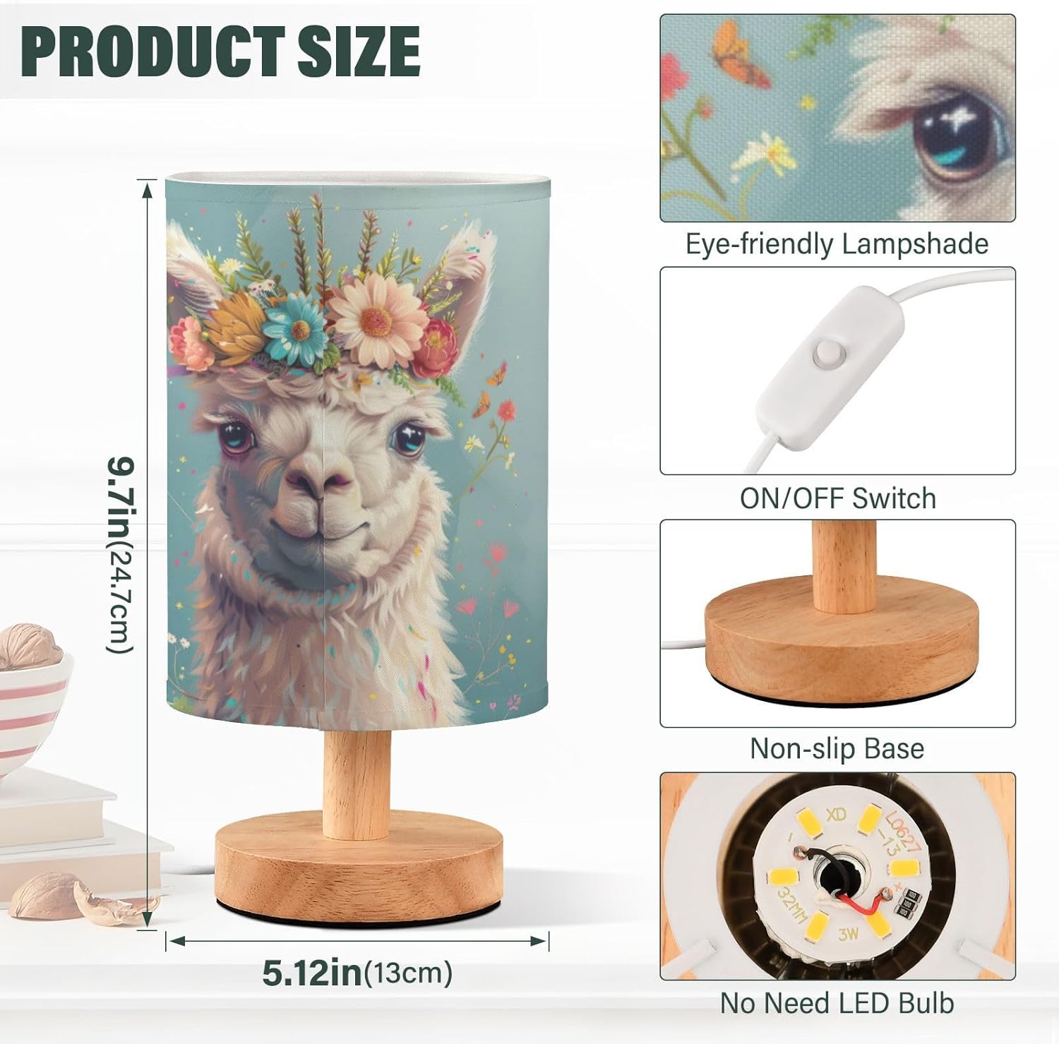 Cute White Alpaca LED Table Lamp - Modern Minimalist Bedside Lamp with Round Flaxen Fabric Shade for Nightstand, Perfect for Bedroom Ambiance