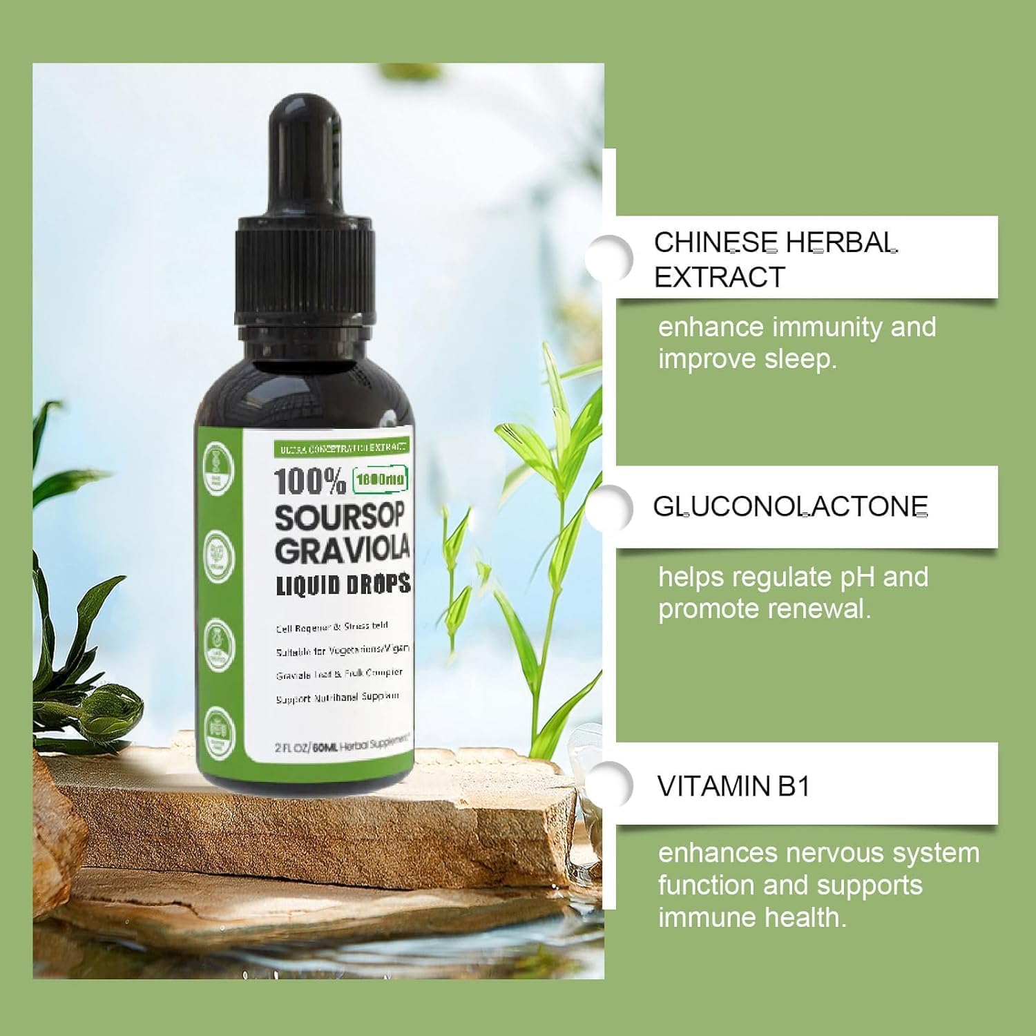 Naturesours Estratto di Soursop biologico, Naturesours 100% puro estratto di Soursop biologico, gocce liquide di graviola di Soursop stagnato 1800 mg, bontà di erbe, aroma naturale (1 pz)