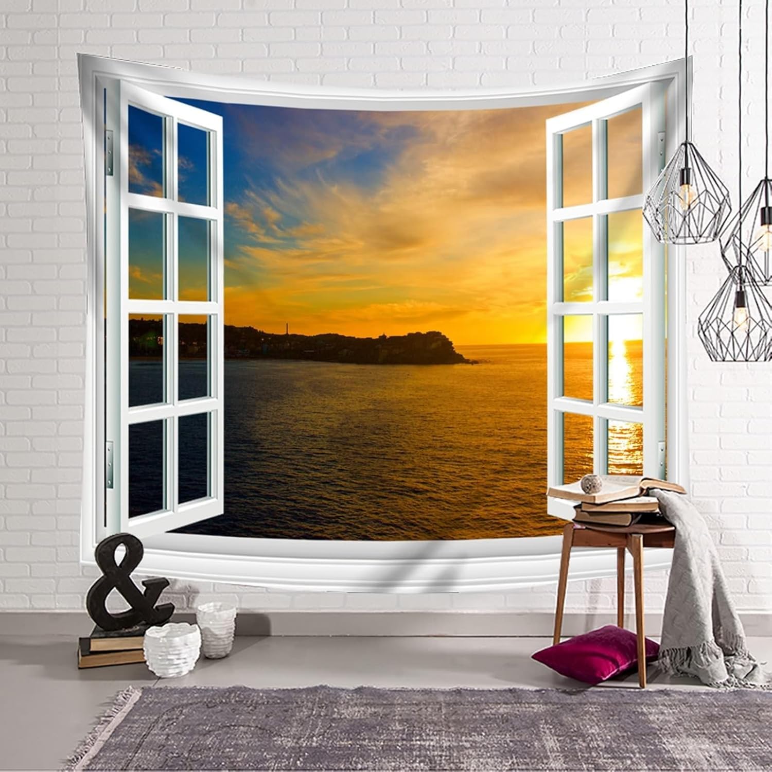 PUOJIEAT Gobelin ścienny widok z okna wiszący ocean 3D gobeliny dekoracje ścienne tkanina z mikrofibry do domu salon sypialnia 240x260 cm 1104-GT
