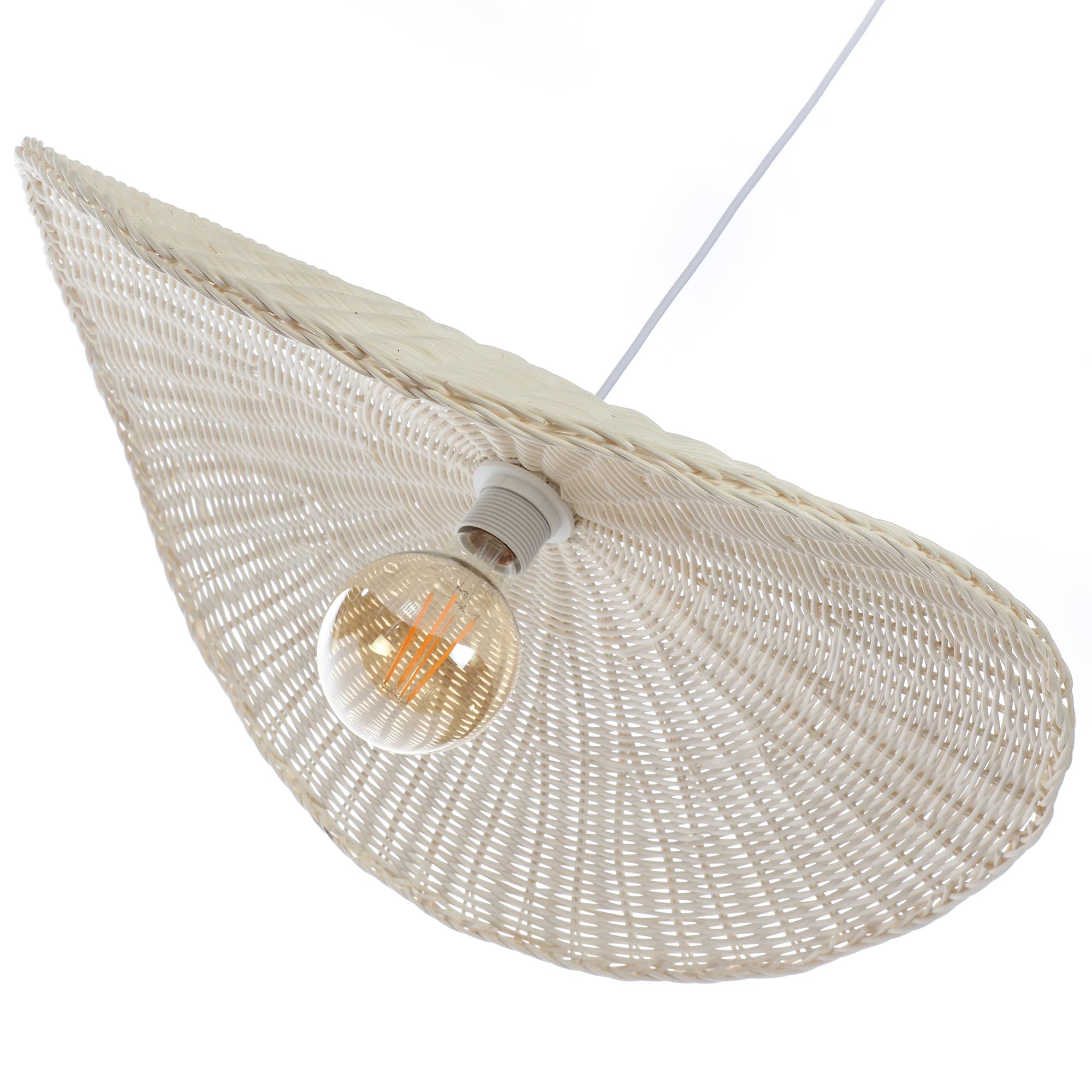 LUSSIOL - Luminaire Padang, lustre chips - lampe suspendue en rotin tressé naturel puis blanchi - câble plastique blanc, douille E27 - possibilité ampoule LED - 60W maxi, Diam. 58 x H. 11 cm