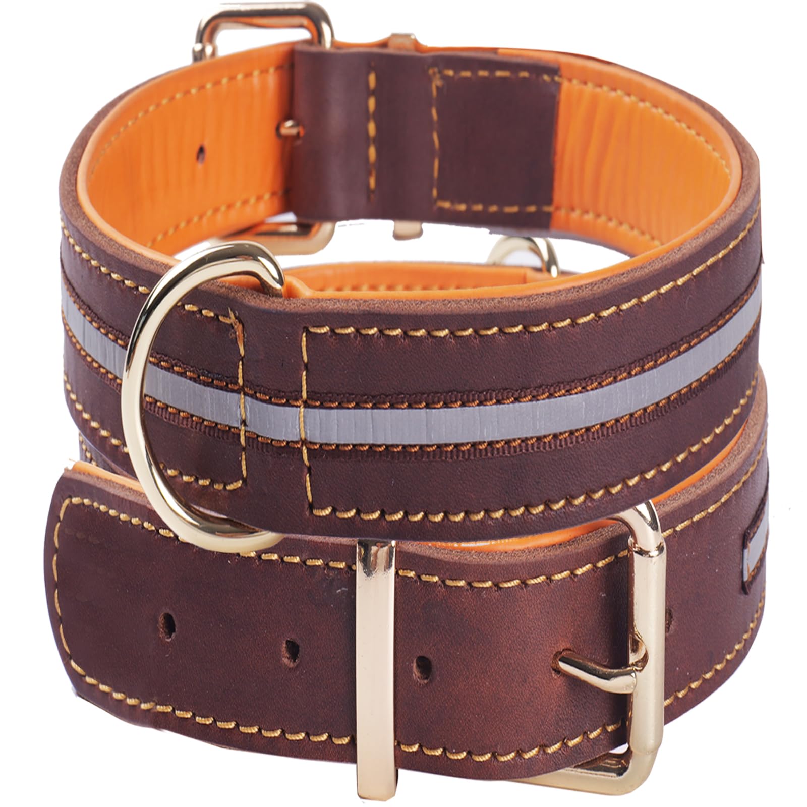 Collar de Perro de Cuero Grueso,Heavy Duty Cuero Genuino, Reflectante y Ajustable,Suave Acolchado para Mayor Comodidad,Collares de Perro Fuerte para Medianas, Grandes, Extra Grandes Razas（Marrón）(M)