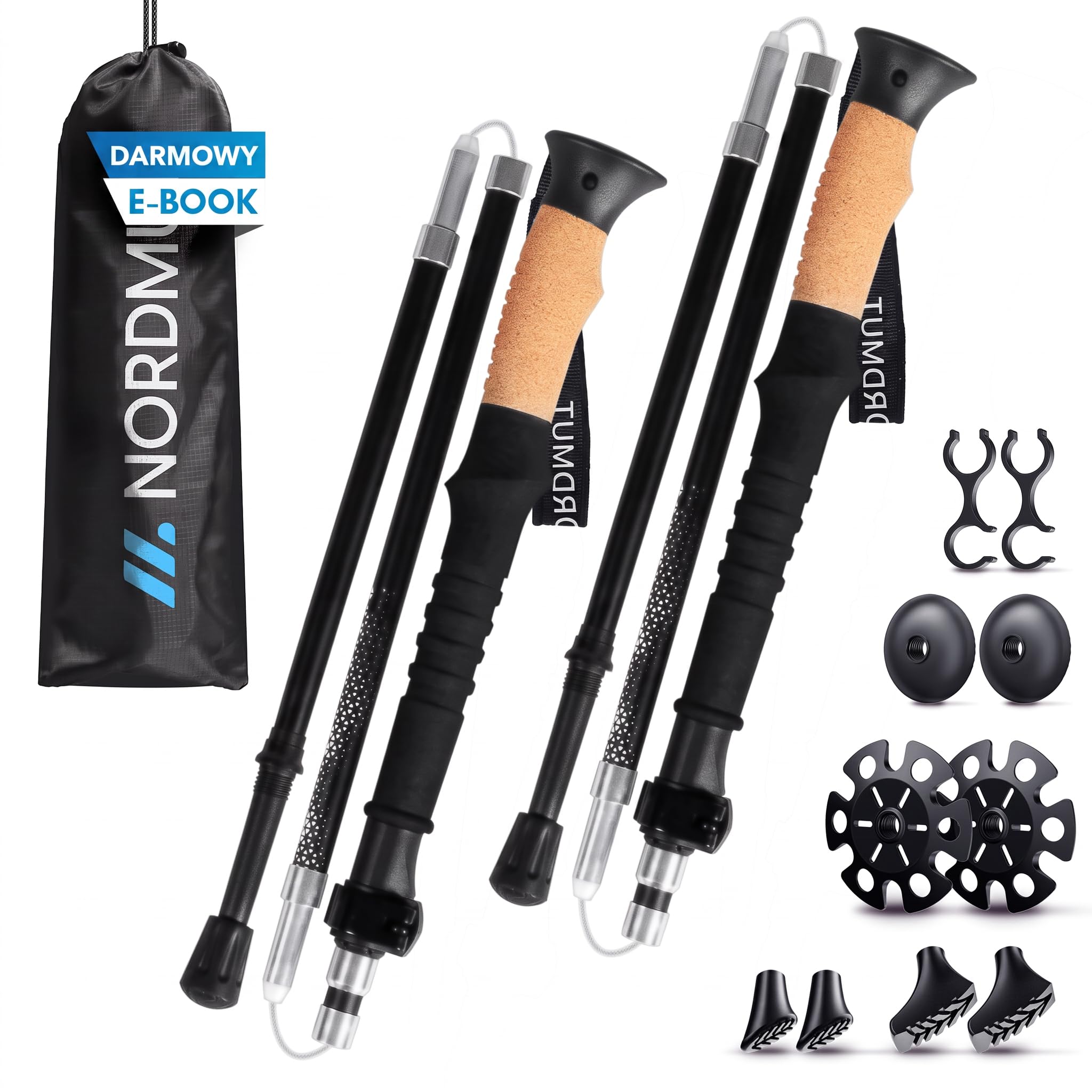 NORDMUT® Kijki trekkingowe składane, ultralekkie kijki do nordic walkingu, dla kobiet i mężczyzn, wysokiej jakości kijki trekkingowe, z aluminium [z zestawem gumowych zderzaków]