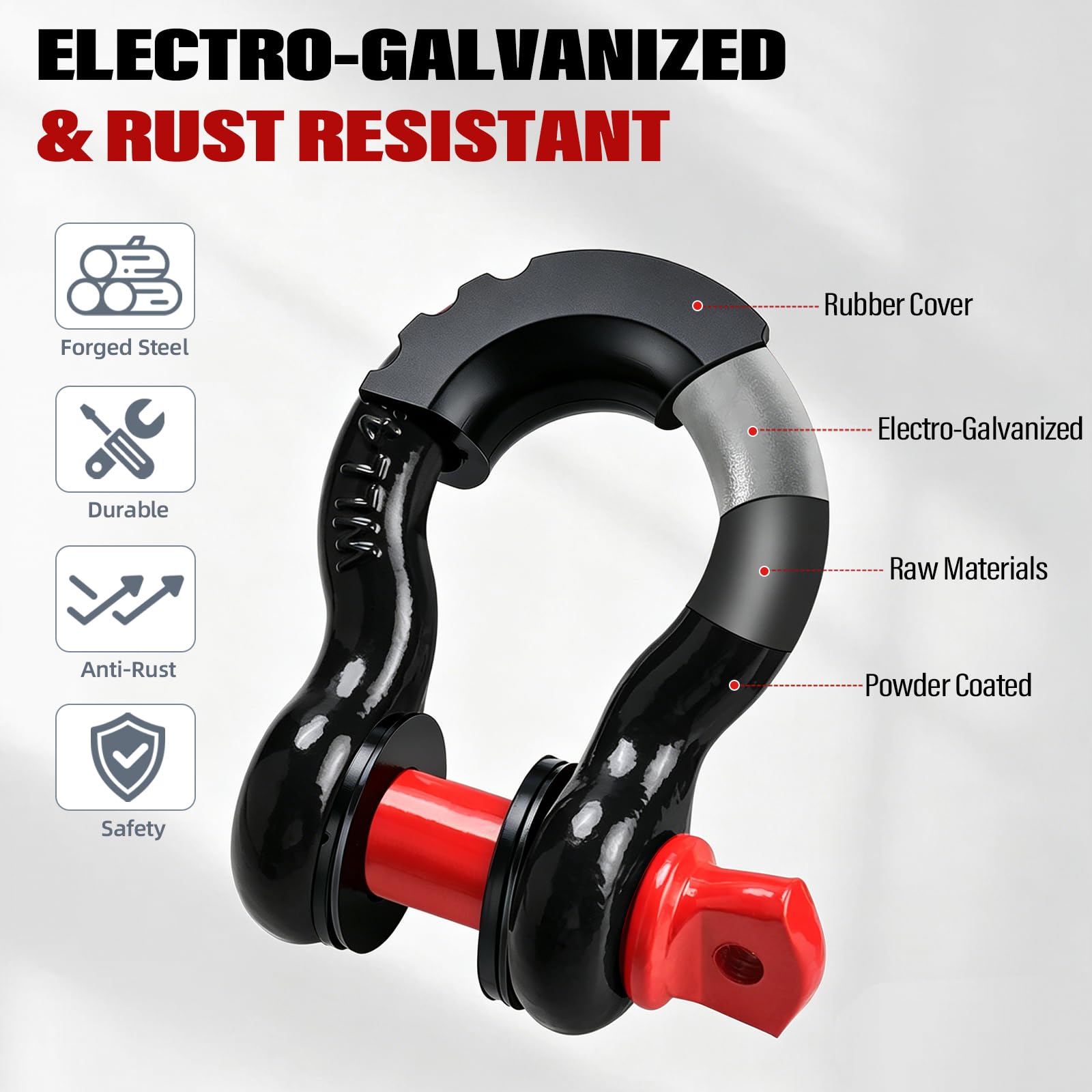 BOOMSTART Grillo da traino da 4,75 t, 19 mm, grande grillo in acciaio zincato, 4 pezzi con bullone a vite, gomma protettiva, anello a D offroad, per traino e sollevamento auto (nero e rosso)