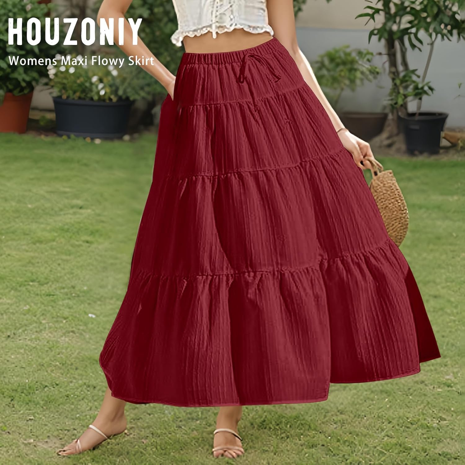 HOUZONIY Womens Maxi Skirt Flowy Elastic Waist Tiered Pleated A Line Summer Boho Trendy Cute Pull On Long Skirts - Image 3