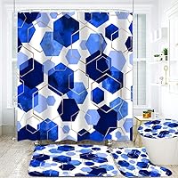 Vista 1 de Juego de cortinas de baño azules, 4 piezas de cortina de ducha geométrica de arte moderno con 12 ganchos, impermeable, opaca, 70.8 pies de largo x