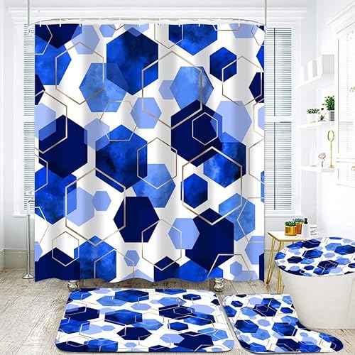 Juego de cortinas de baño azules, 4 piezas de cortina de ducha geométrica de arte moderno con 12 ganchos, impermeable, opaca, 70.8 pies de largo x