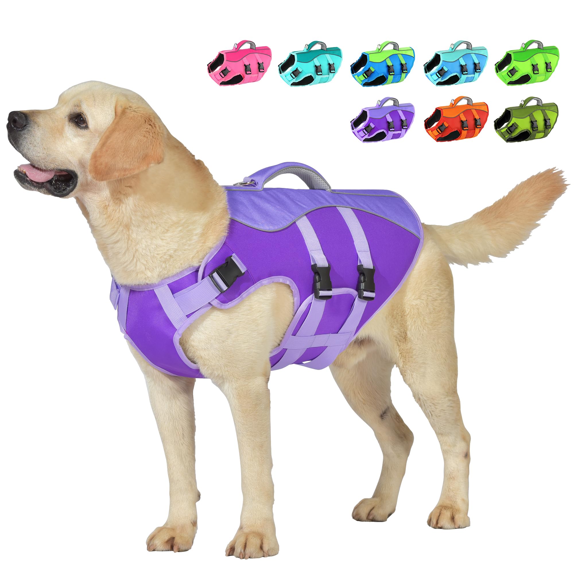 Petglad Dog Life Jacket, Reflective Dog Harness Life Vest with Rescue Handle for Swimming Boating, Adjustable High Buoyancy Flotation Swim Vest for Small Meium Large Dogs - Purple, XL