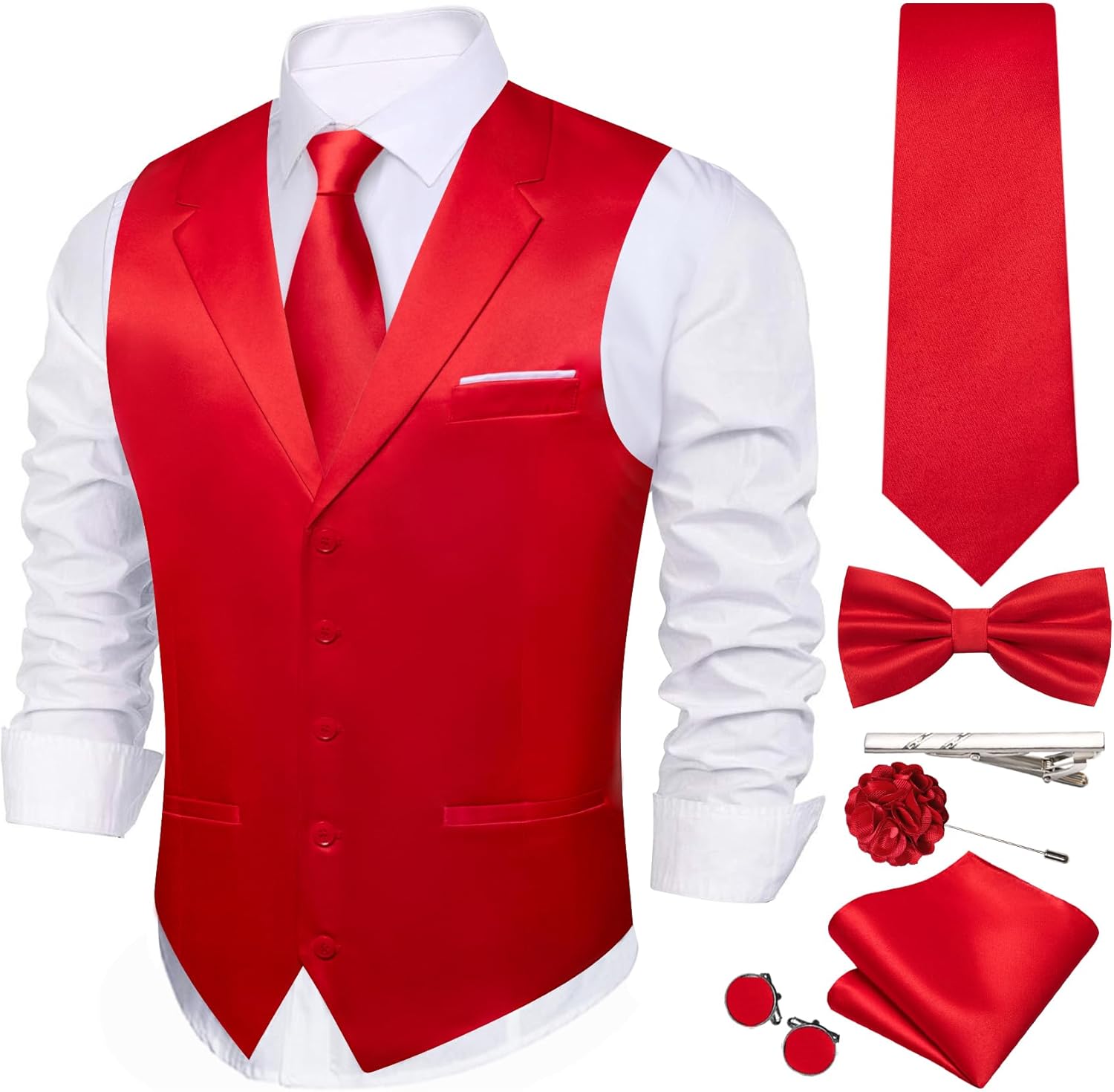 Barry.Wang Vest Tie Set for Men Solid Color Suit Vest Necktie Cufflinks Bow Tie Set Formal Business Wedding Party