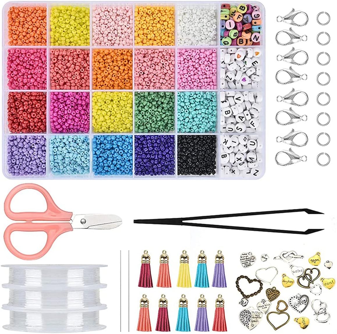 IBAMA Diy Handmade Beads Jewelry Making Kits with 7mm Alphabet Letter Heart Patterns and 3mm Colorful Rice Beads for Necklaces, Bracelets12000pcs, muilt-color