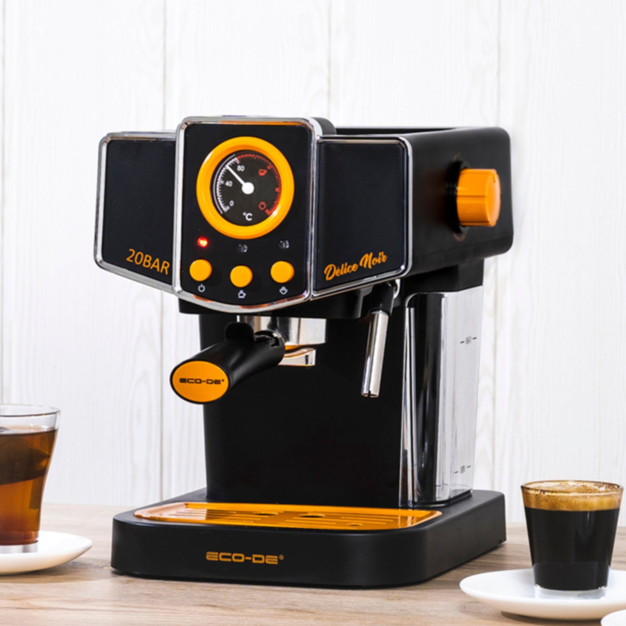 ECODE® Espressomaschine Maschine Delice Schwarz, 20 Bar Druck, Vaporizer Schwenkbar - Maschine mit Tank 1,5 L, milchaufschäumer, Ein-/Doppeldosierung, Manometer mit Temperatur - Kaffeemaschine