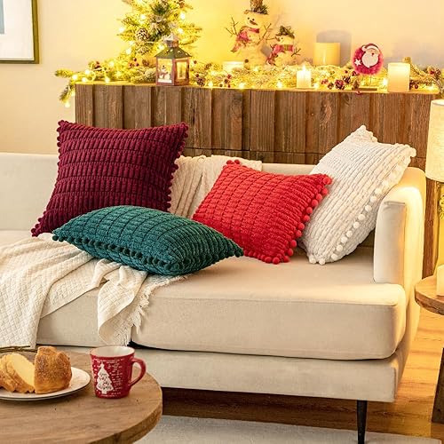 Miniatura 7 de MIULEE Juego de 2 fundas de almohada decorativas de pana blanca crema, con pompones, suaves, bohemias, a rayas, decoración moderna para el hogar,