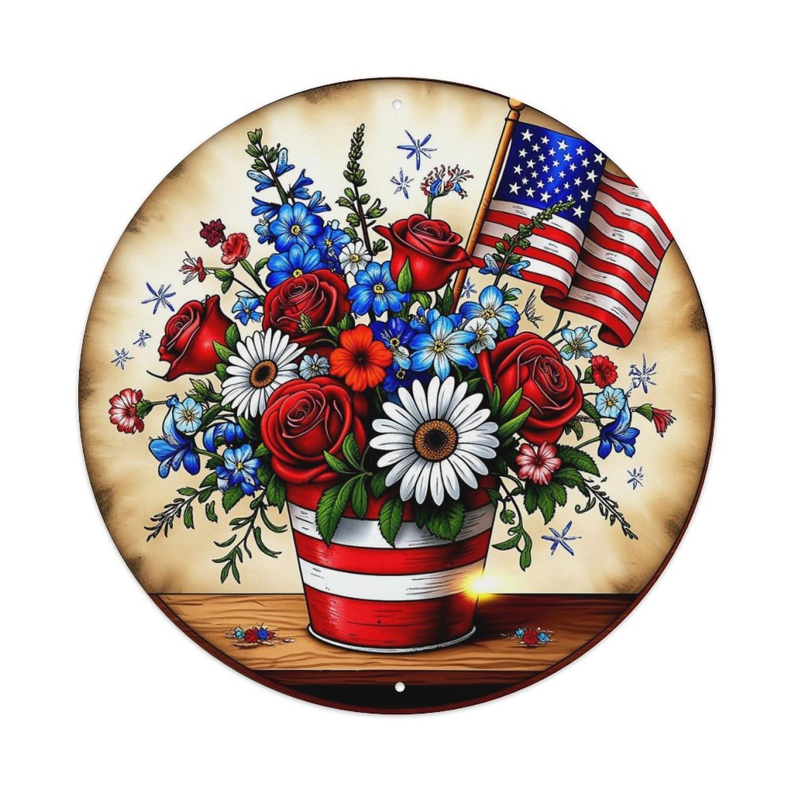 American Flag Flowers Vase Patriotic Round Metal Tin Sign Vintage Wall Decor, Bar Garage Cafe Kitchen Home Wall Art Poster 8x8inches