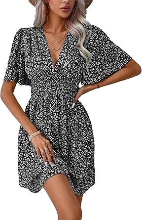 Vestito Estate Donna Floreale - Abito Elegante Scollo V Manica Corta Vita Alta - Foto 3