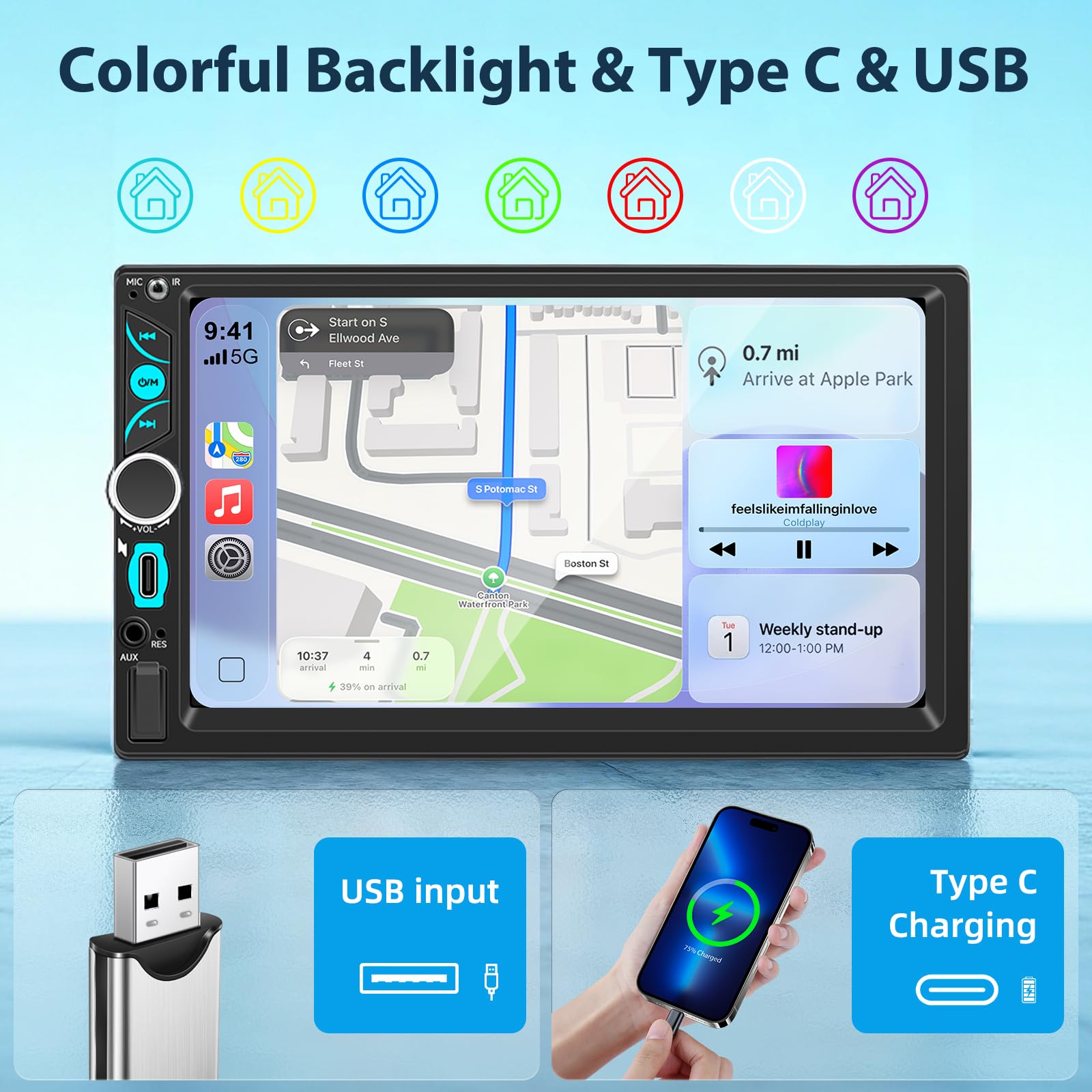 WERESOUND 2 DIN Bluetooth Car Radio with Wireless CarPlay & Android Auto | Double DIN 7 Pollici HD Touch Screen, Car Radio with Mirror Link, FM, EQ, SWC, Type-C, GPS Navigation, Rear Camera, Mic