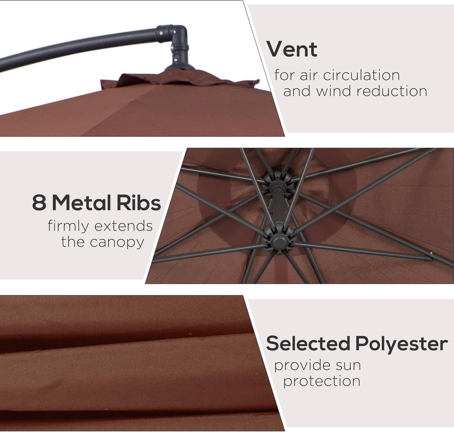Brown Cantilever Patio Umbrella with UV Protection and Sturdy Stand