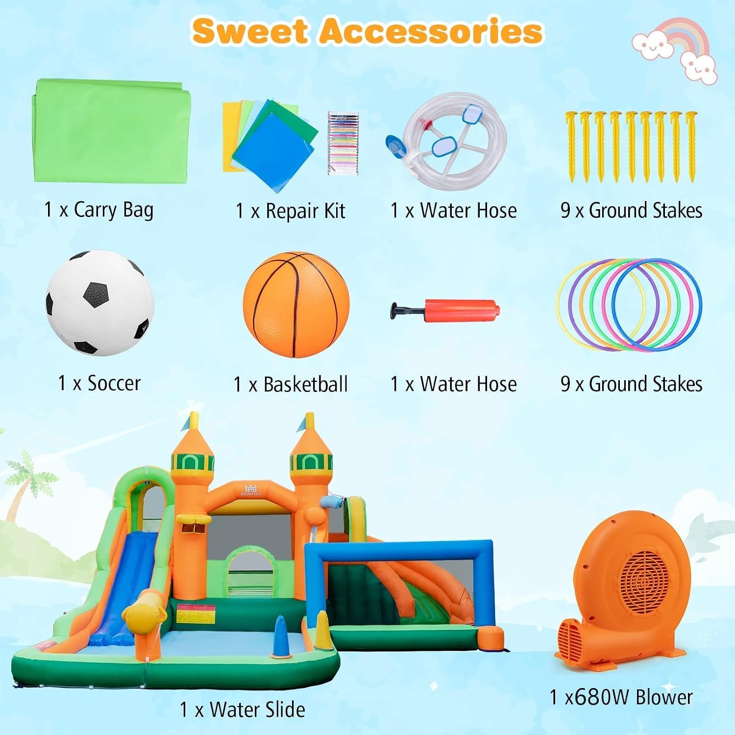 BOUNTECH Inflatable Water Slide, 9 in 1 Dual Slides Kids Water Park Jump Castle Water Soccer, Big Splash Pool, Outdoor Water Slides Inflatables for Big Kids 3-12, Water Slide Bounce House with Blower