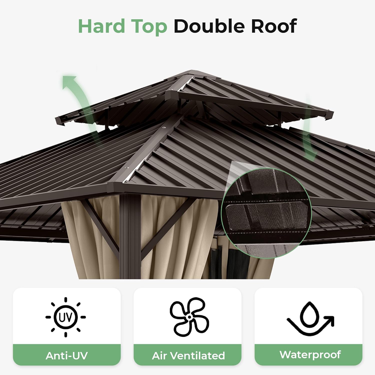 12' x 12' Hardtop Gazebo, Aluminum Frame with Double Galvanized Steel Roof,Permanent Outdoor Gazebo with Netting and Curtains for Backyard, Garden, or Deck, Brown