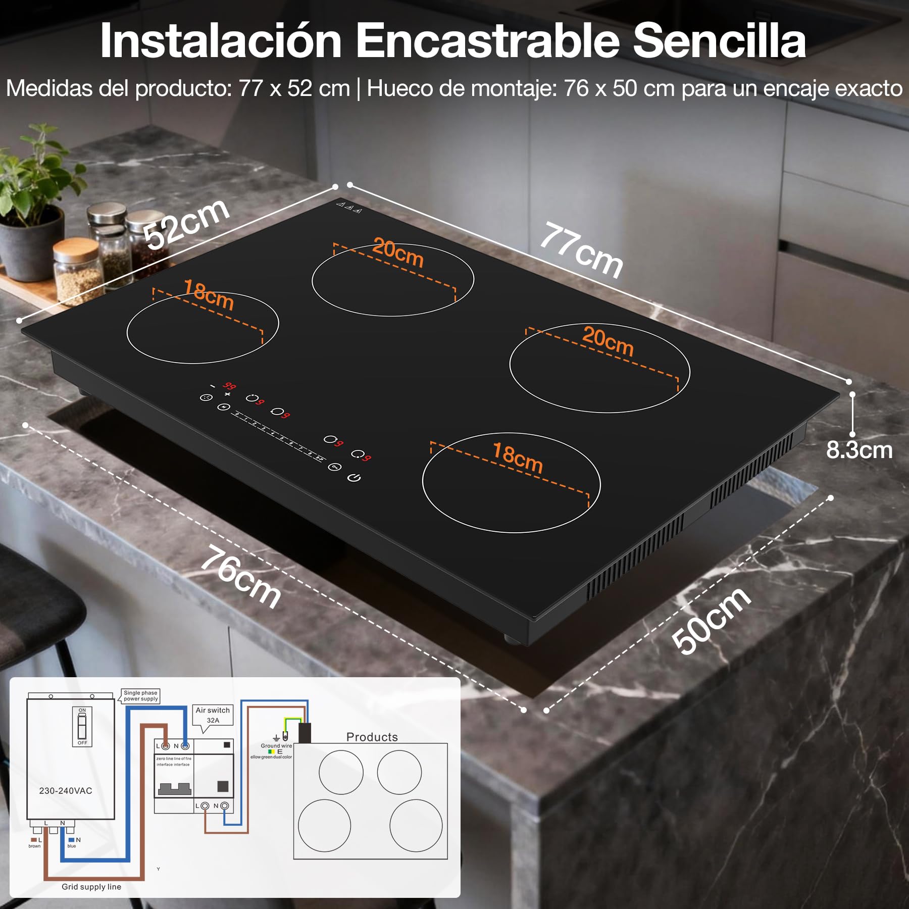 Placa de Inducción 4 Fuegos 6400W, Placa Encastrable 77cm para Cocinas Grandes, Control Táctil 9 Niveles con Boost, Temporizador, Bloqueo Infantil, Cristal Cerámico Fácil de Limpiar