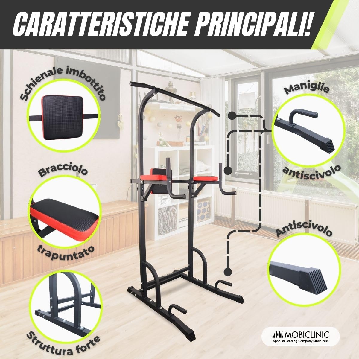 Mobiclinic®, Power tower Dip Station, Regolabile su 8 Altezze, Schienale Regolabili, Stazione di Trazione Muscolare, Torre Multifunzionale, Robusta, Palestra Domestica, Pull-up, Multifit