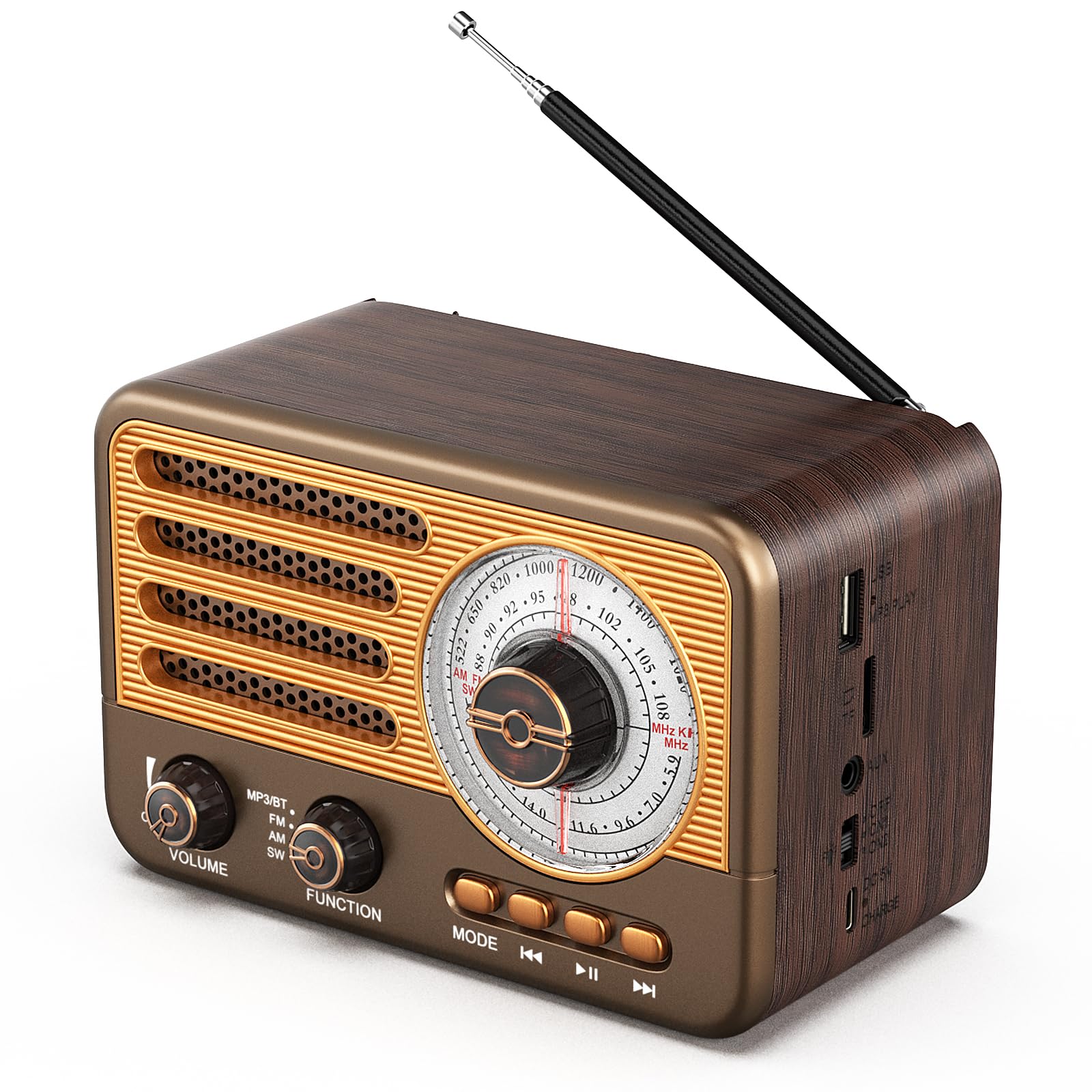 Radio transistor vintage - Estilo retro con alcance moderno - Portátil - AM/FM/SW - Con USB/TF/AUX MP3 y batería recargable de 1800 mAh