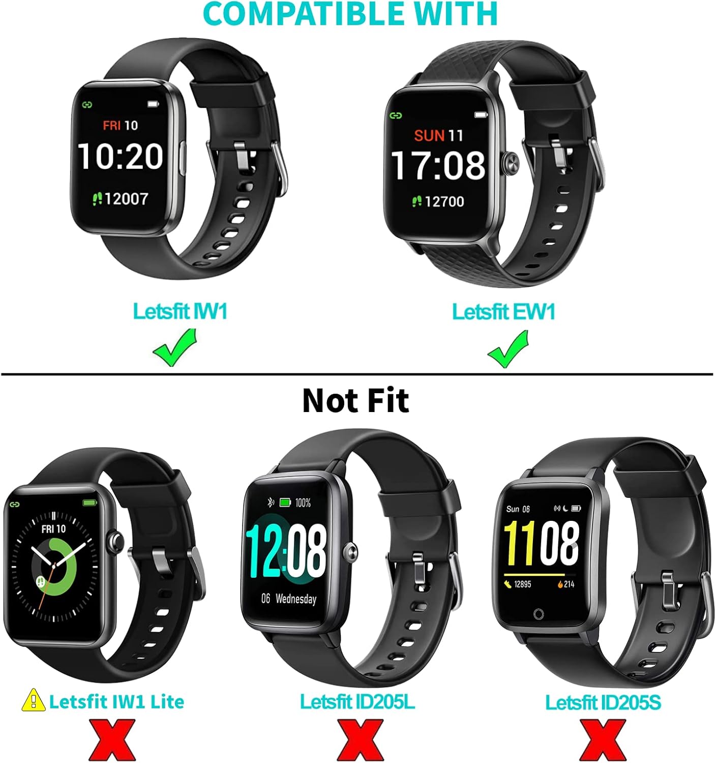 Image showing compatible and incompatible smartwatch models for the 22MM bands.