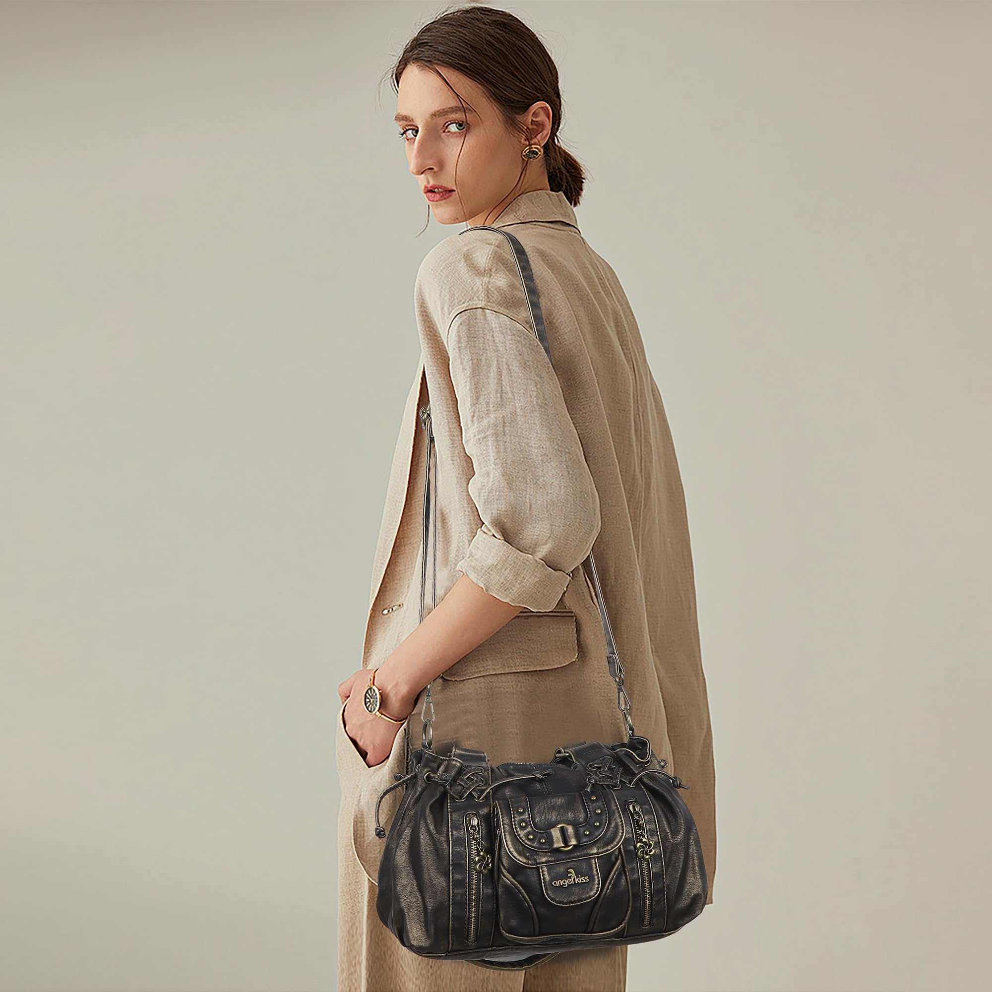Angel Kiss Piccola borsa hobo da donna in pelle lavata retrò borsa a tracolla spaziosa con manici superiori borse con tracolla rimovibile
