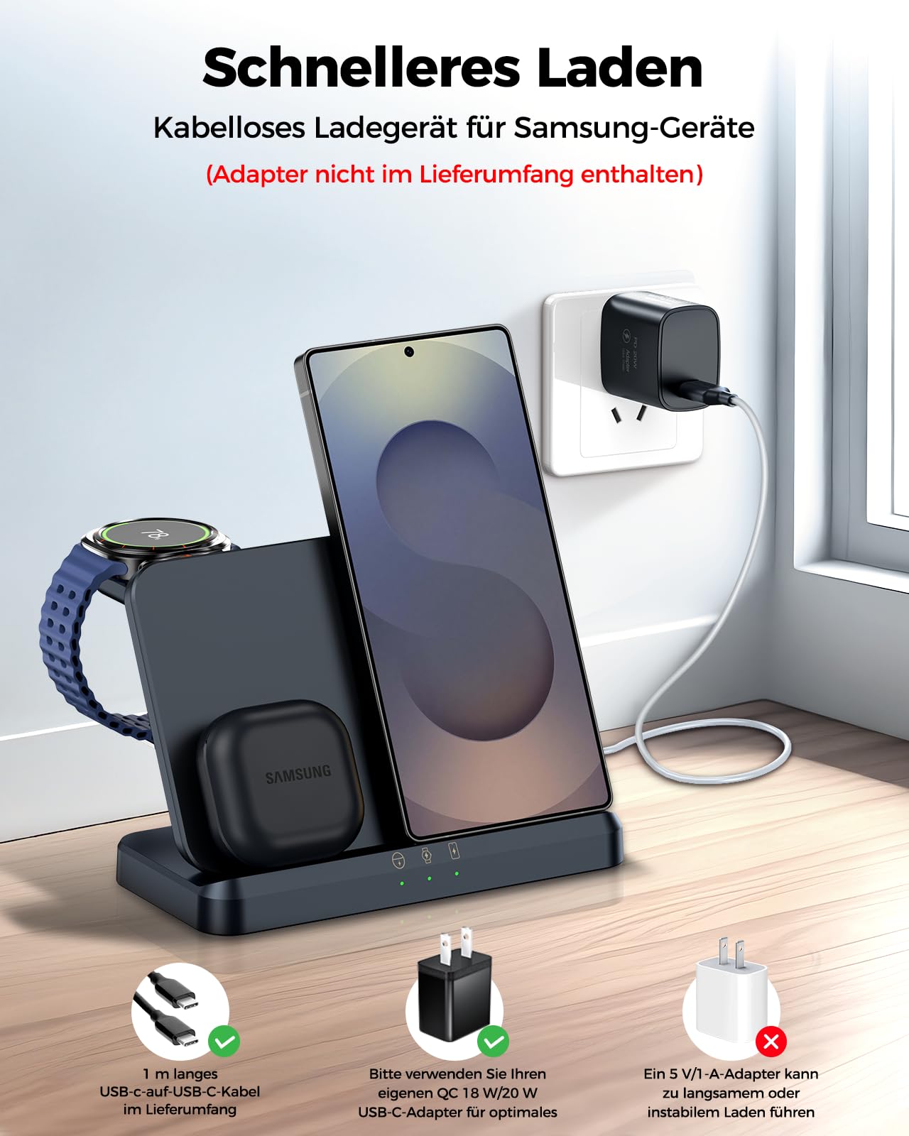 EGV Induktive Ladestation für Samsung – 3-in-1 Wireless Charger kompatibel mit Galaxy S26 Ultra/S25/S24, Z Fold/Flip 7/6, Buds, Abnehmbares Ladegerät für Galaxy Watch Ultra/8/7, Kein Adapter | Induktive Ladestation, Kompatibel mit Buds, Abnehmbares Ladege