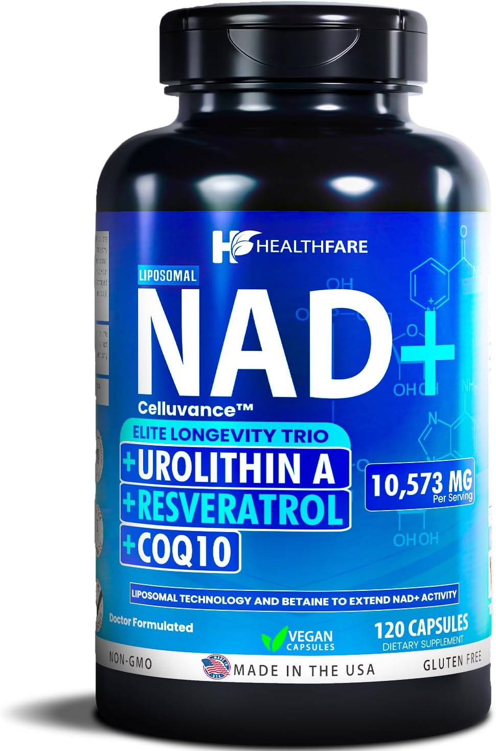 Healthfare 10,573mg NAD Supplement, Resveratrol, CoQ10-120 Capsules NMN Alternative Liposomal High Absorption Formula | Betaine for Anti-Aging Extended Effects - Cellular Energy, Skin for Women & Men