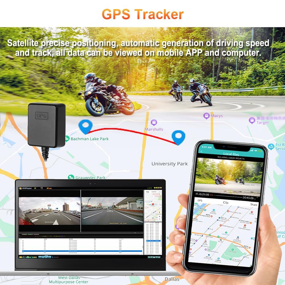 VSYSTO WiFi Motorrad-Dashcam, Parküberwachung, GPS 1080P Front- und Rückkamera, Hochgeschwindigkeits-Video-Download, Kabelsteuerung, Fehler-Vibrationsalarm (Q3DL)