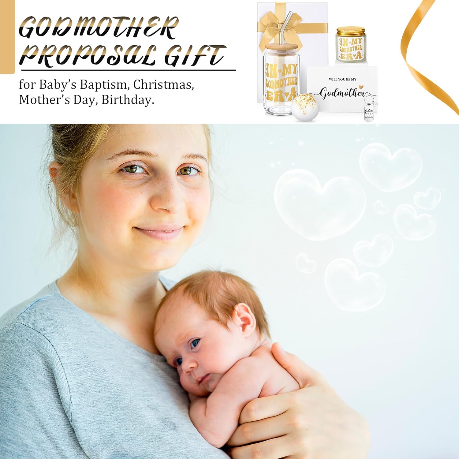 6 Pcs Godmother Proposal Gift Will You Be My Godmother Gift Set with Glass Scented Candle Bath Bomb Keychain Card Box Set for God Mother Auntie from Godchild Baptism Easter - Image 3