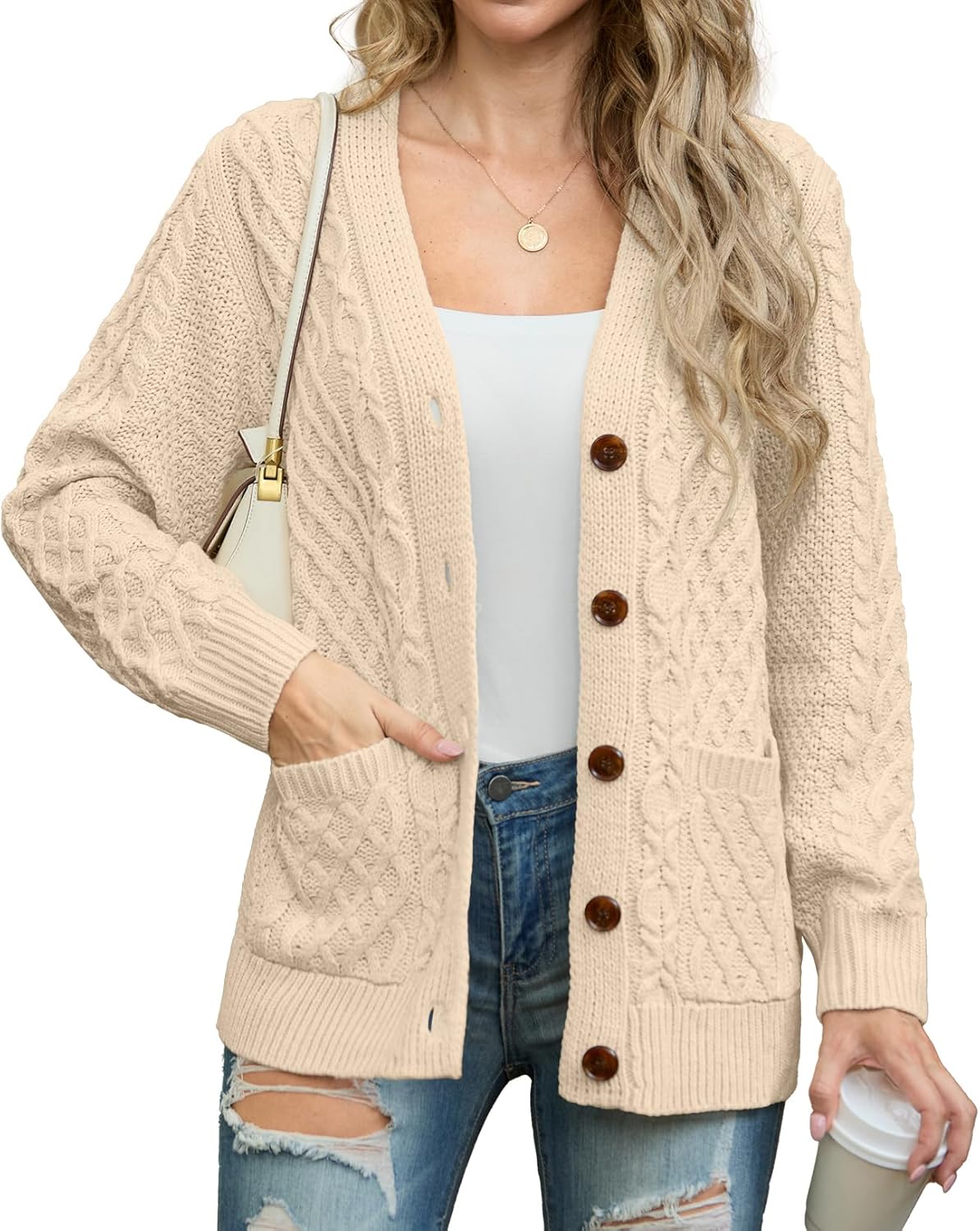 GRECERELLE Women 2025 Fall Long Sleeve Cable Knit Sweater Button Open Front Cardigan Loose Outerwear Coat with Pockets