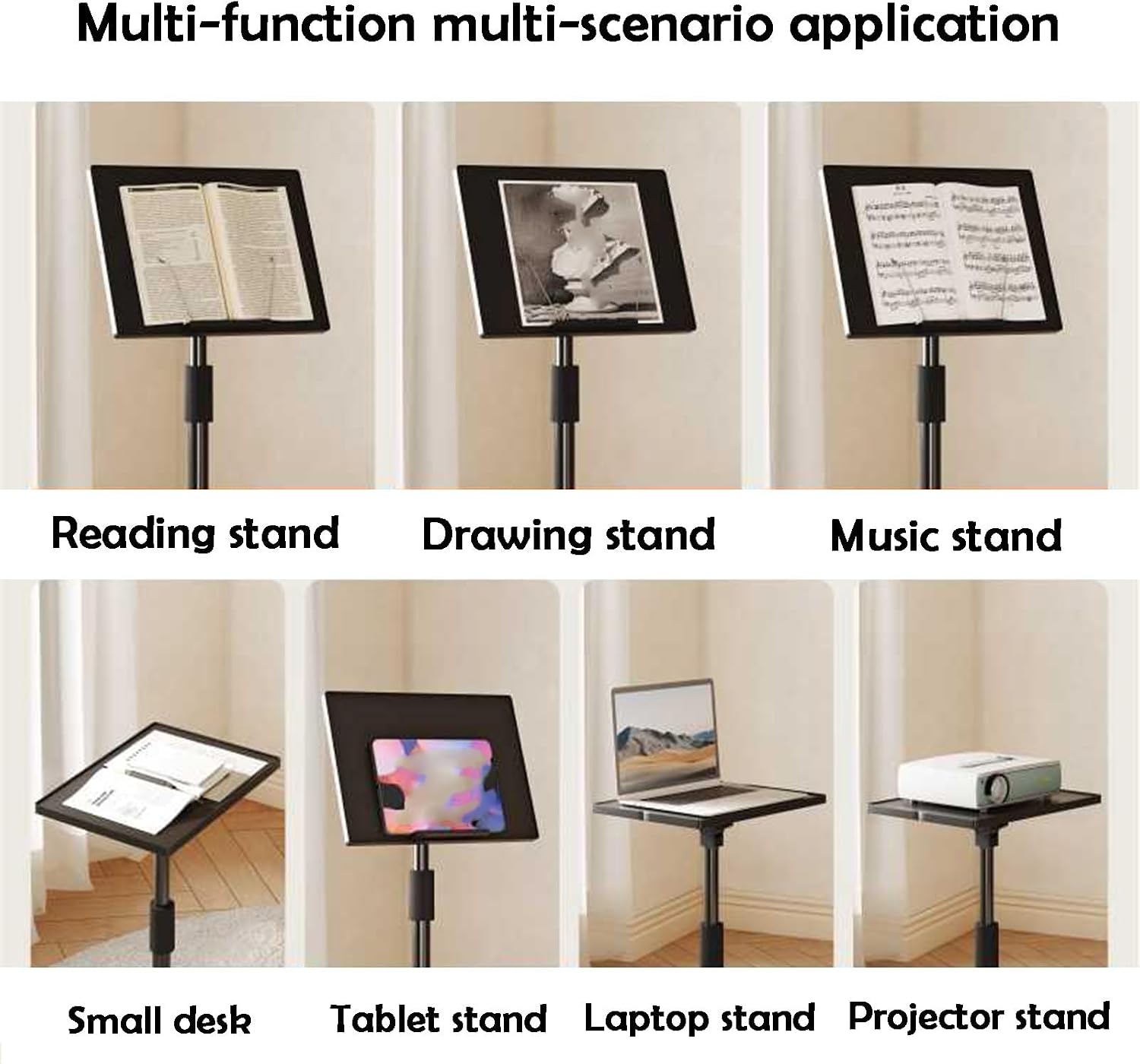 Portable Book Stand, Adjustable Sheet Music Holder with Stable Base, Height Adjustable 60-145cm for Home, Office, and School Use