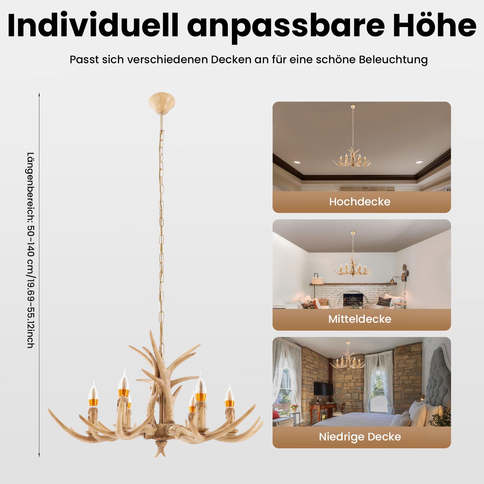 6-Licht Geweih Kronleuchter, Retro Geweihlampe Deckenleuchte Deckenlampe Kronleuchter Harz Hirsch Hirschgewei Pendelleuchte Deckenlampen Licht HäNgelampe für Küche Esszimmer Bar [Energieklasse A++]
