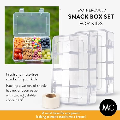 Miniatura 2 de Juego de cajas de aperitivos para niños, 8 compartimentos, solución reutilizable para aperitivos con 100 etiquetas solubles, fácil de limpiar, apto