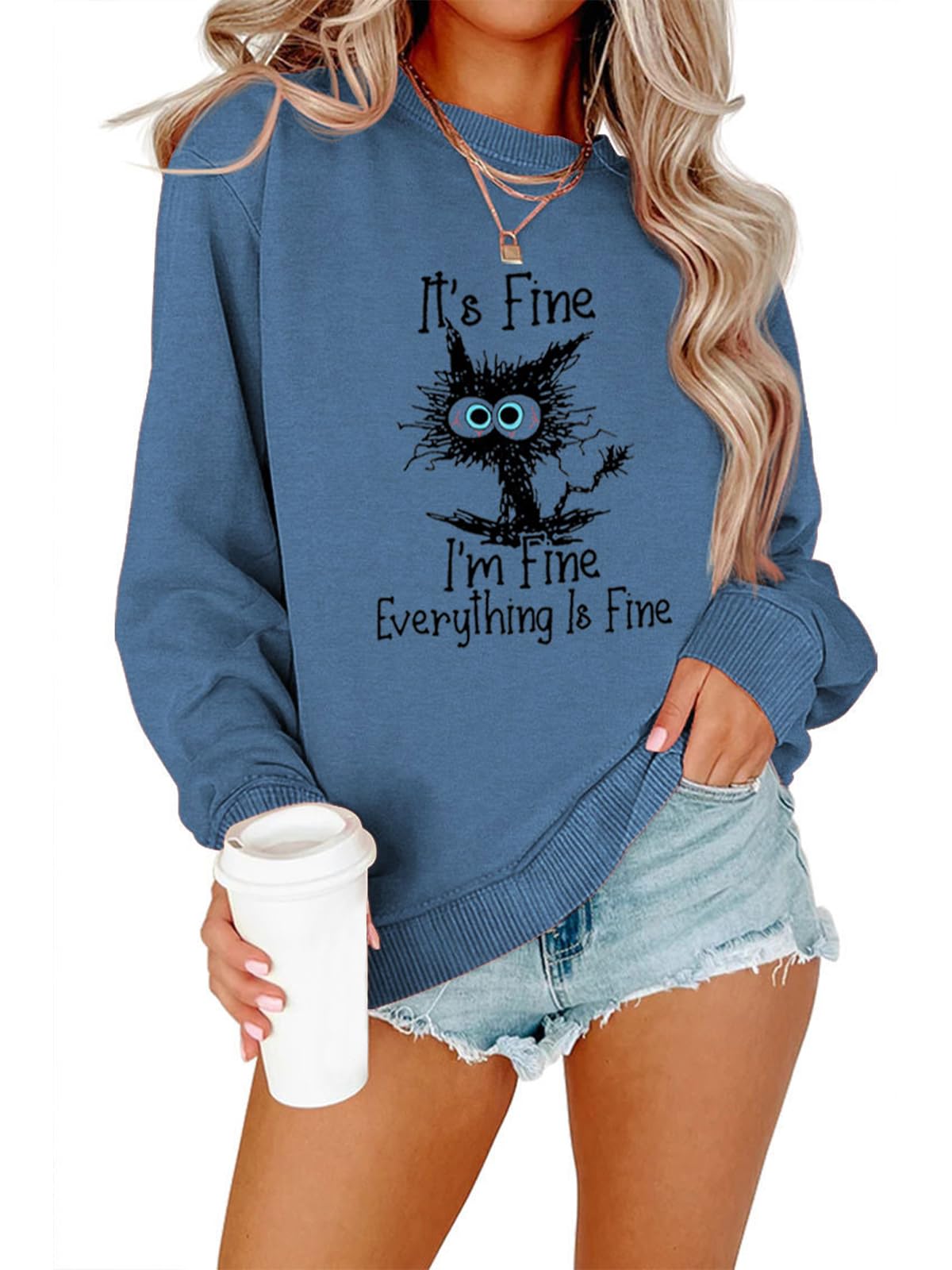 BYIPY Cat Graphic Sweatshirts For Women Cute Long Sleeve Shirts I'm Fine Everything Is Fine Sweatshirt Pullover Crewneck Tops