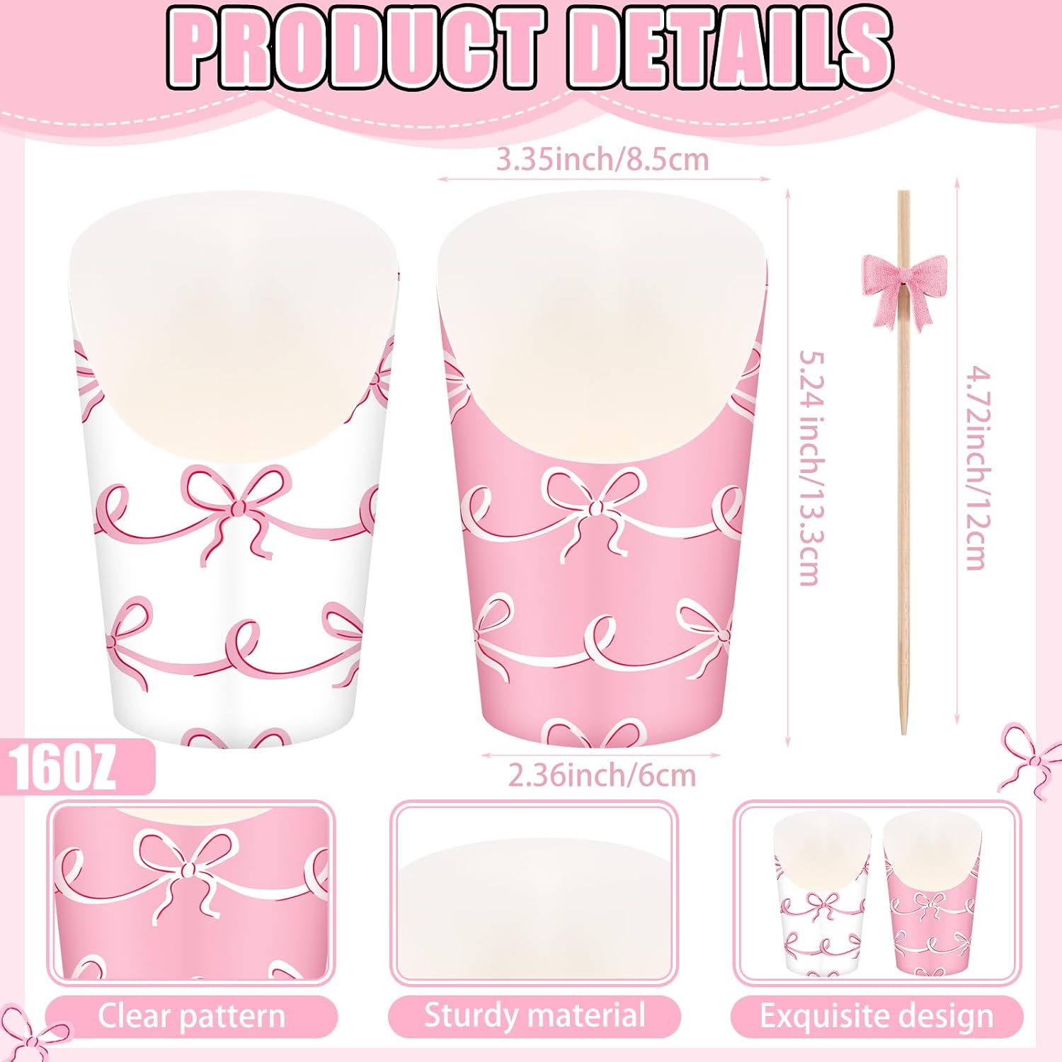 Reallnaive 250 Pcs Pink Bow Charcuterie Cups with Picks Set 50 Pcs 16oz French Fries Cups 200 Cocktail Picks Disposable Snack Containers Fruit Sticks Bachelorette Party Supplies Birthday Party Decor image 2